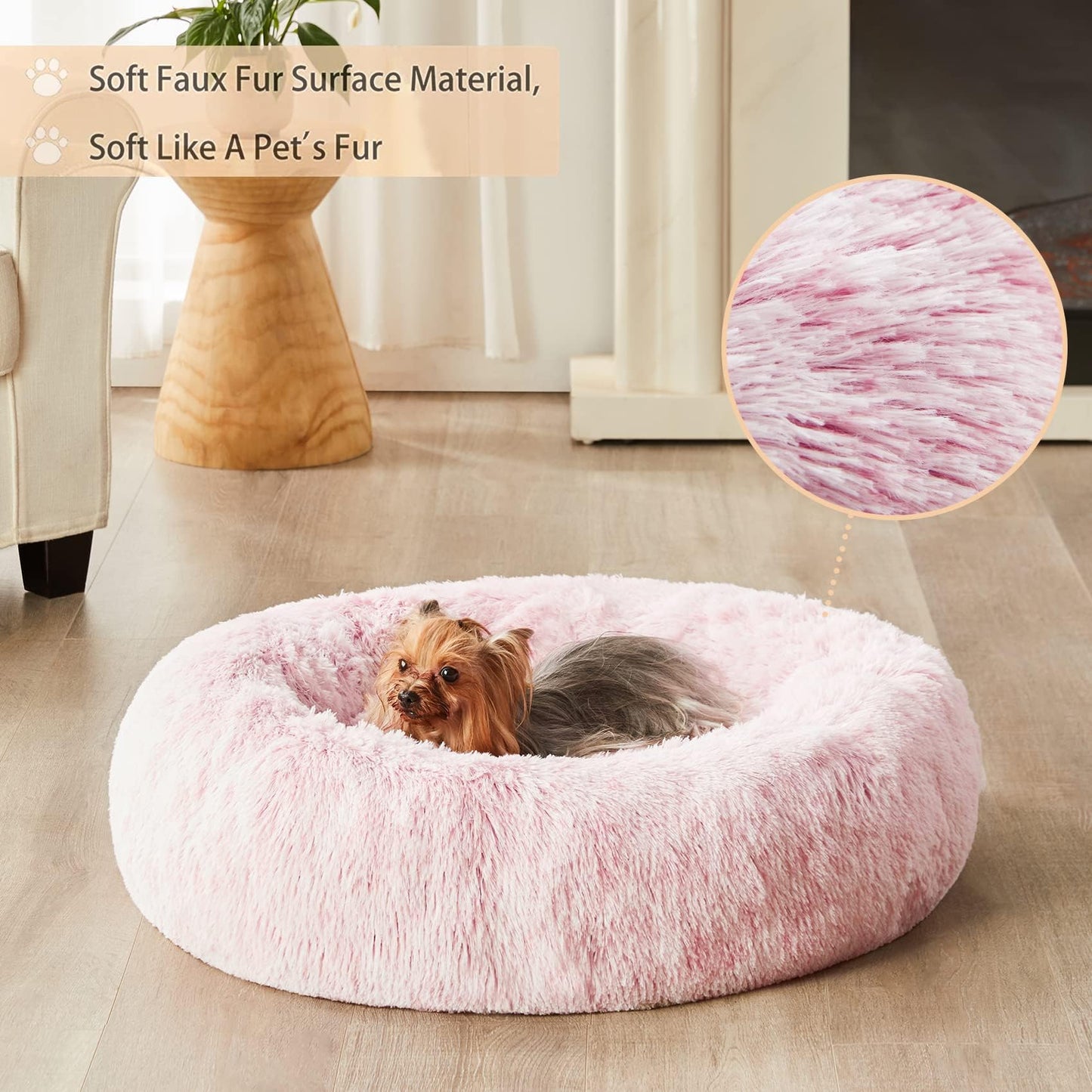 BFPETHOME Calming Dog Bed Cat Bed Donut, Faux Fur Pet Bed Self-Warming Donut Cuddler, Comfortable Round Plush Dog Beds (76 x 76 x 25 cm, Light Pink)