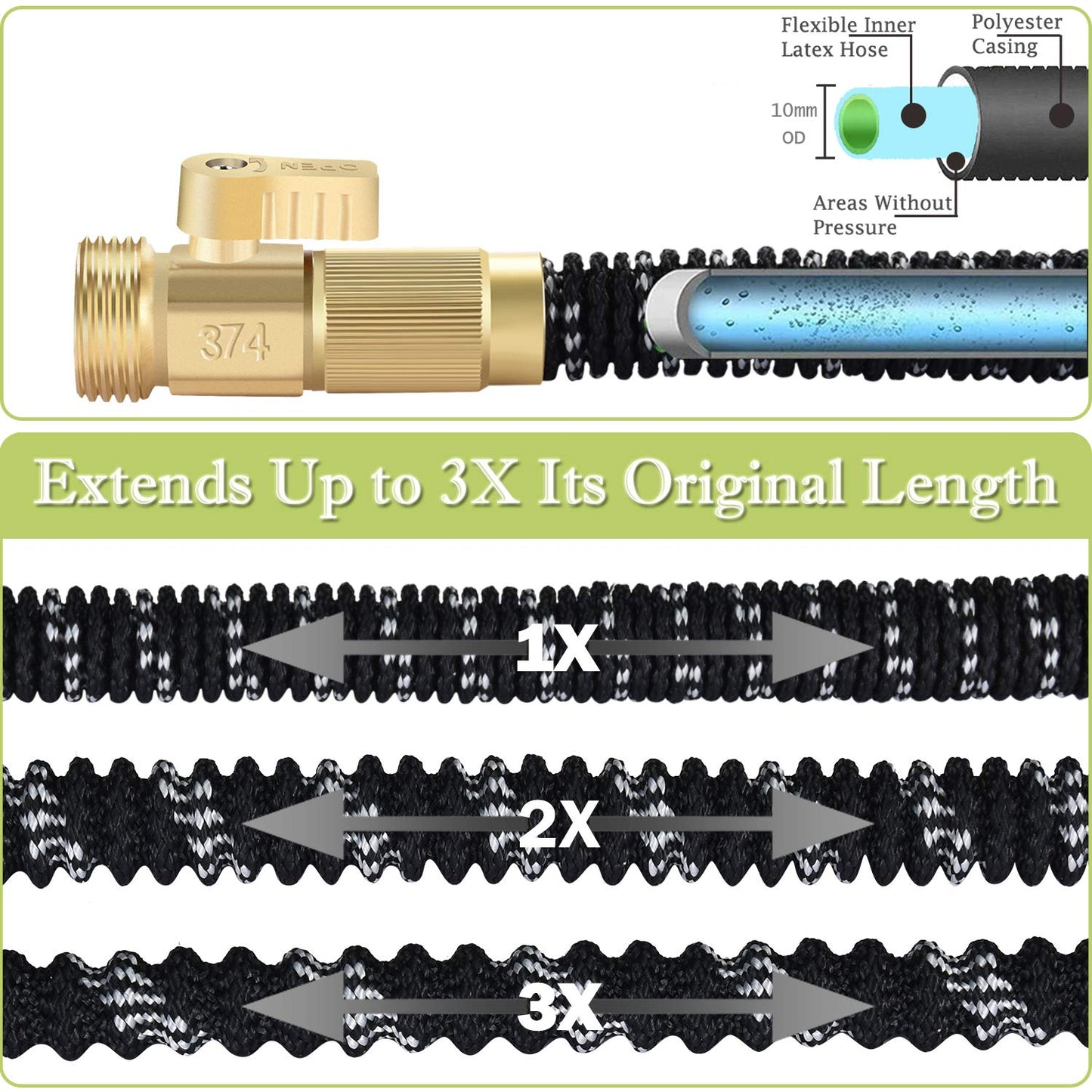 100FT Expandable Garden Hose with 9 Function High Pressure Nozzle, Lightweight Water Hose with Durable 3-Layers Latex Core & 3/4" Solid Brass Fittings, Flexible Hose for Washing and Watering (100FT)