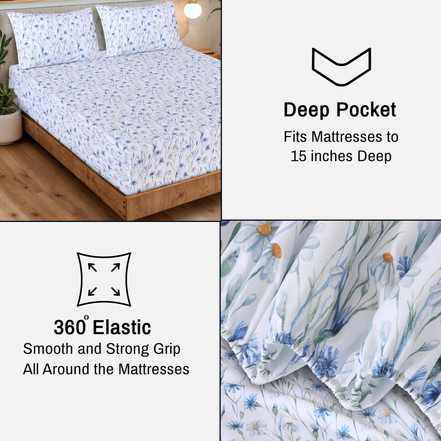 RUVANTI 100% Organic Cotton Sheets - Queen Sheet Set - 4 Piece Percale Weave Bedding, Crisp, Cooling & Breathable, Soft & Durable, 16" Deep Pocket, Hotel Quality Sábanas - Daisy Bud