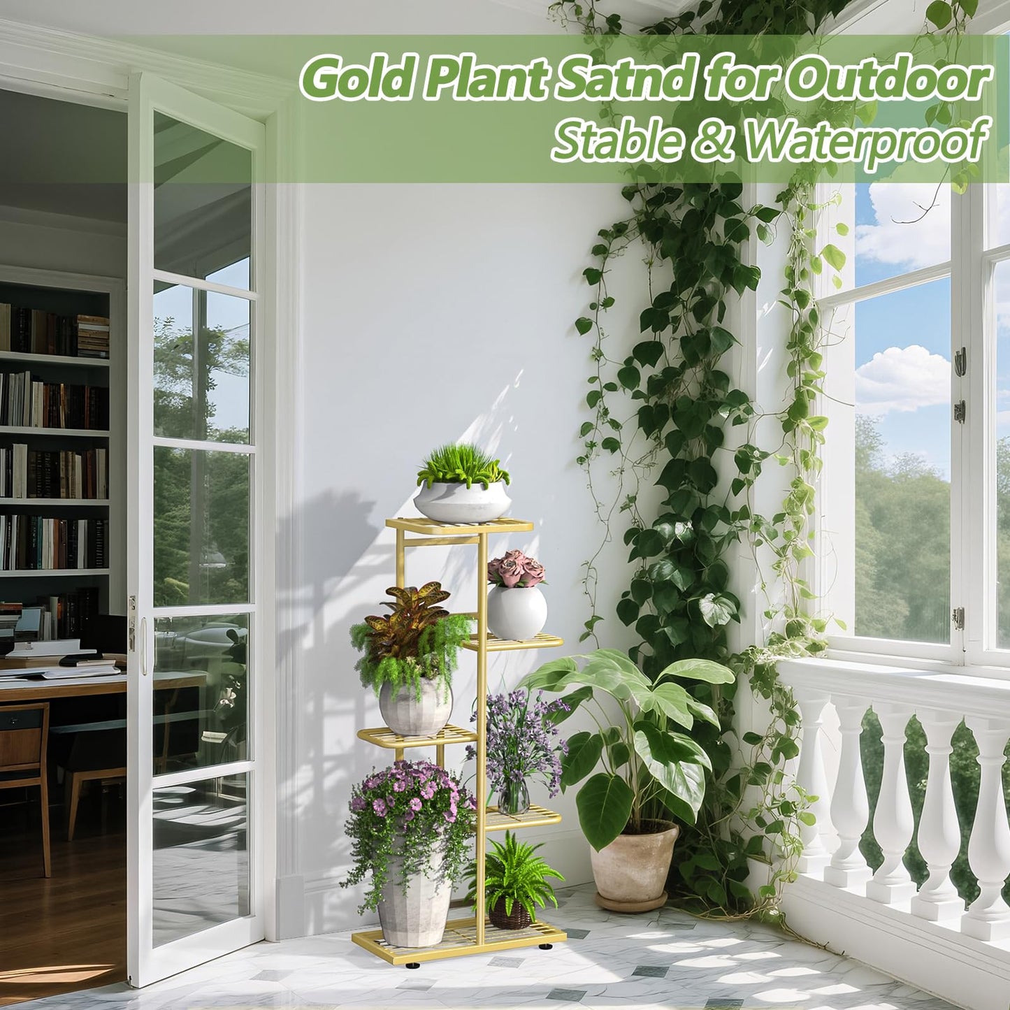 5 Tier 6 Potted Gold Plant Stand Indoor Outdoor, Upgraded Corner Metal Plant Rack Units Shelf for Multiple Plants, Flower Pot Holder Display for Patio, Balcony, Living Room