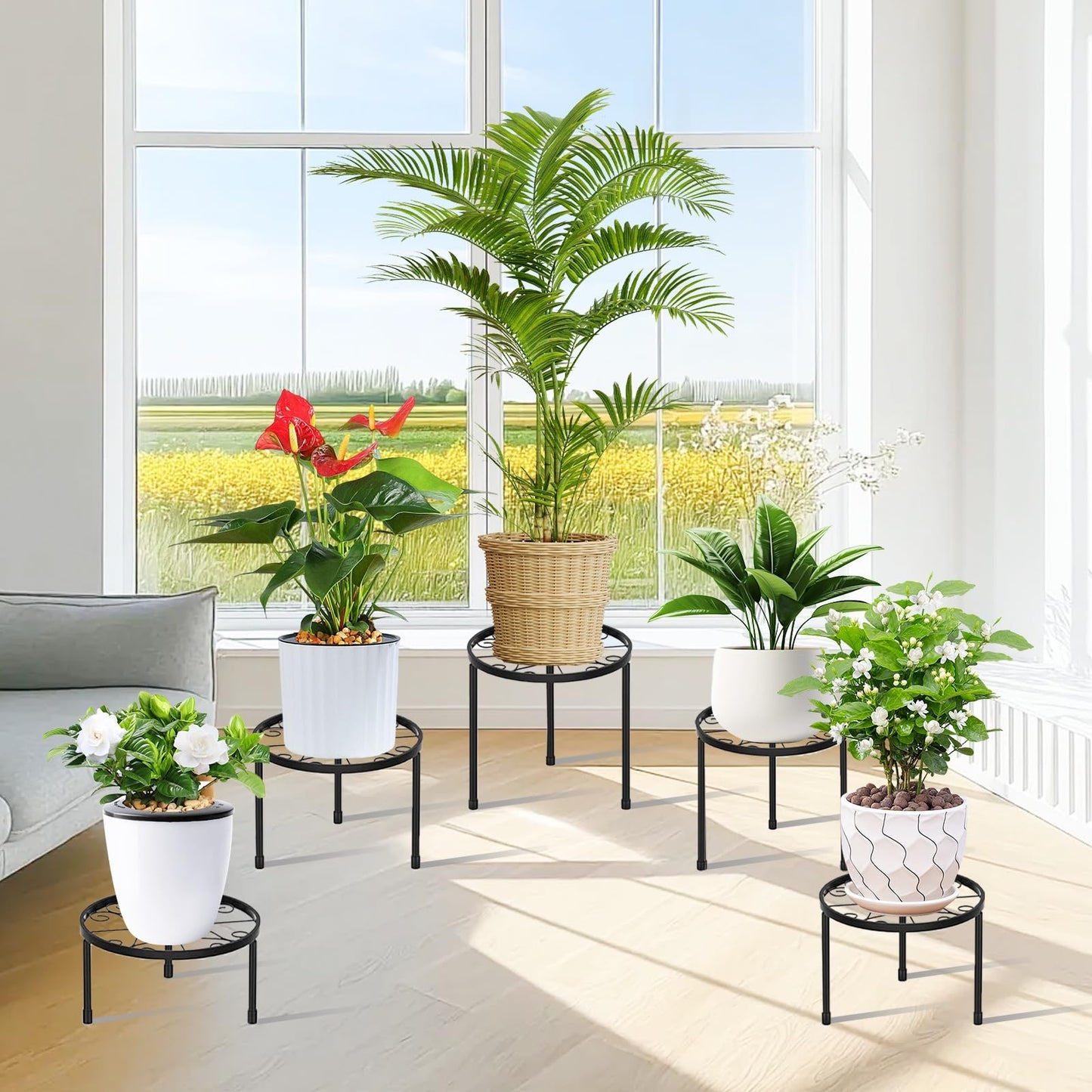 FABOMEI 5-Pack Metal Plant Stands Indoor & Outdoor, Anti-Rust Iron, Heavy Duty, Black