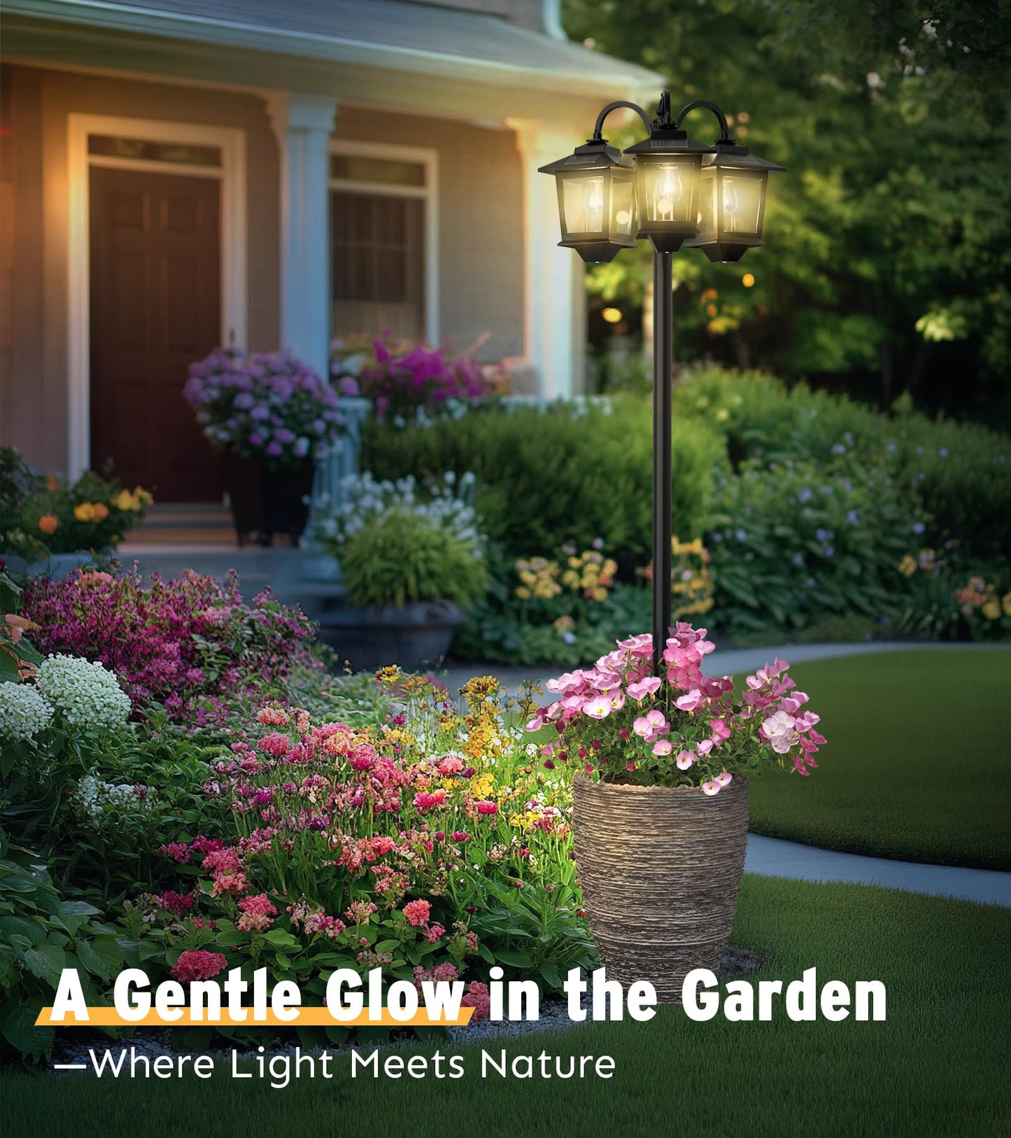 73" Aluminum Solar Lamp Post Light, 3-Head Solar Light Posts for Outside Waterproof, 90Lm Outdoor Lamps for Patio, Backyard, Front Porch Decor, Warm White, Replaceable Bulb