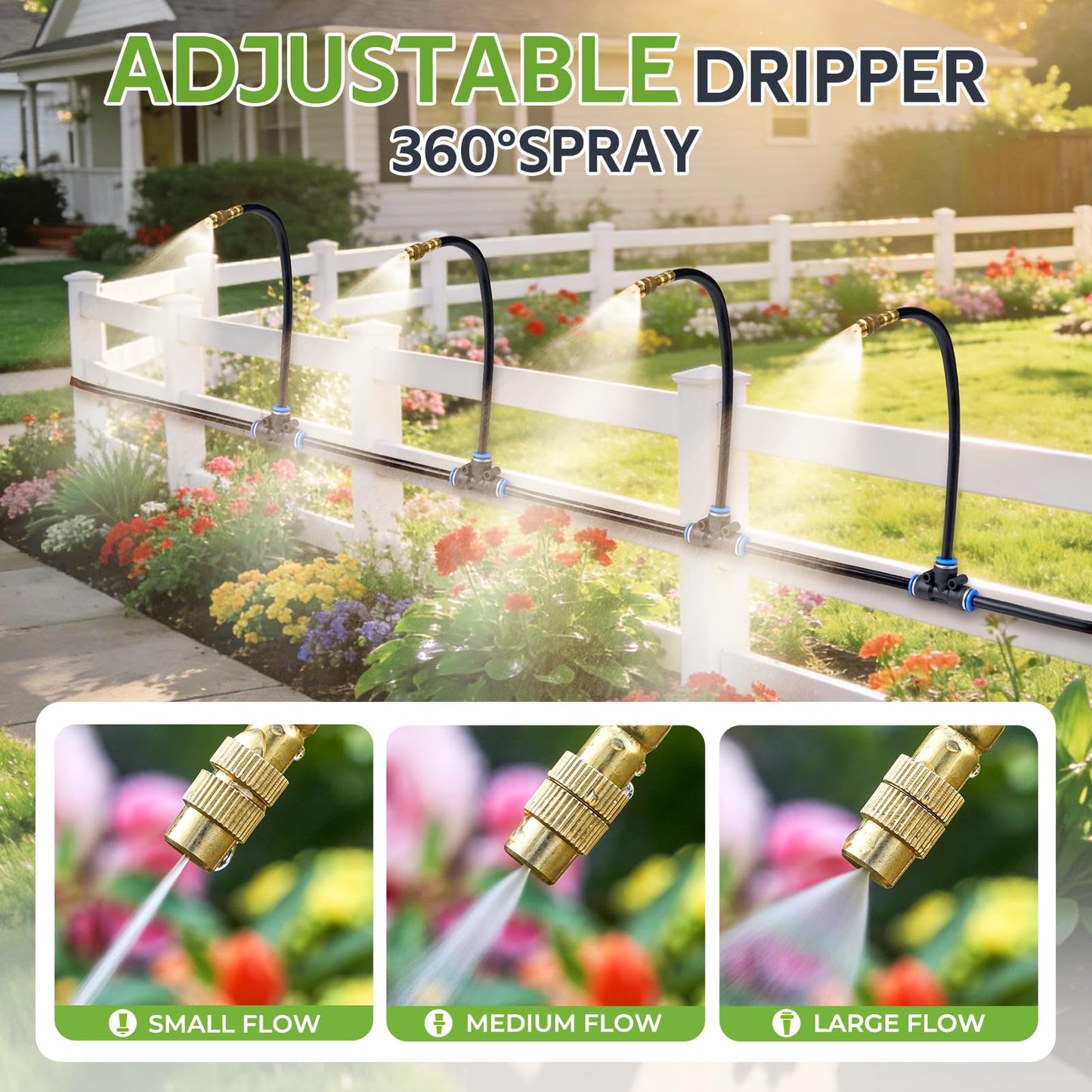 HIRALIY 360° Adjustable Drip Irrigation System 100FT, 1/4" Tubing with 16 Adjustable Copper Nozzles, Automatic Atomizing Watering Kit for Garden, Yard, Lawn, Greenhouse & Potted Plants