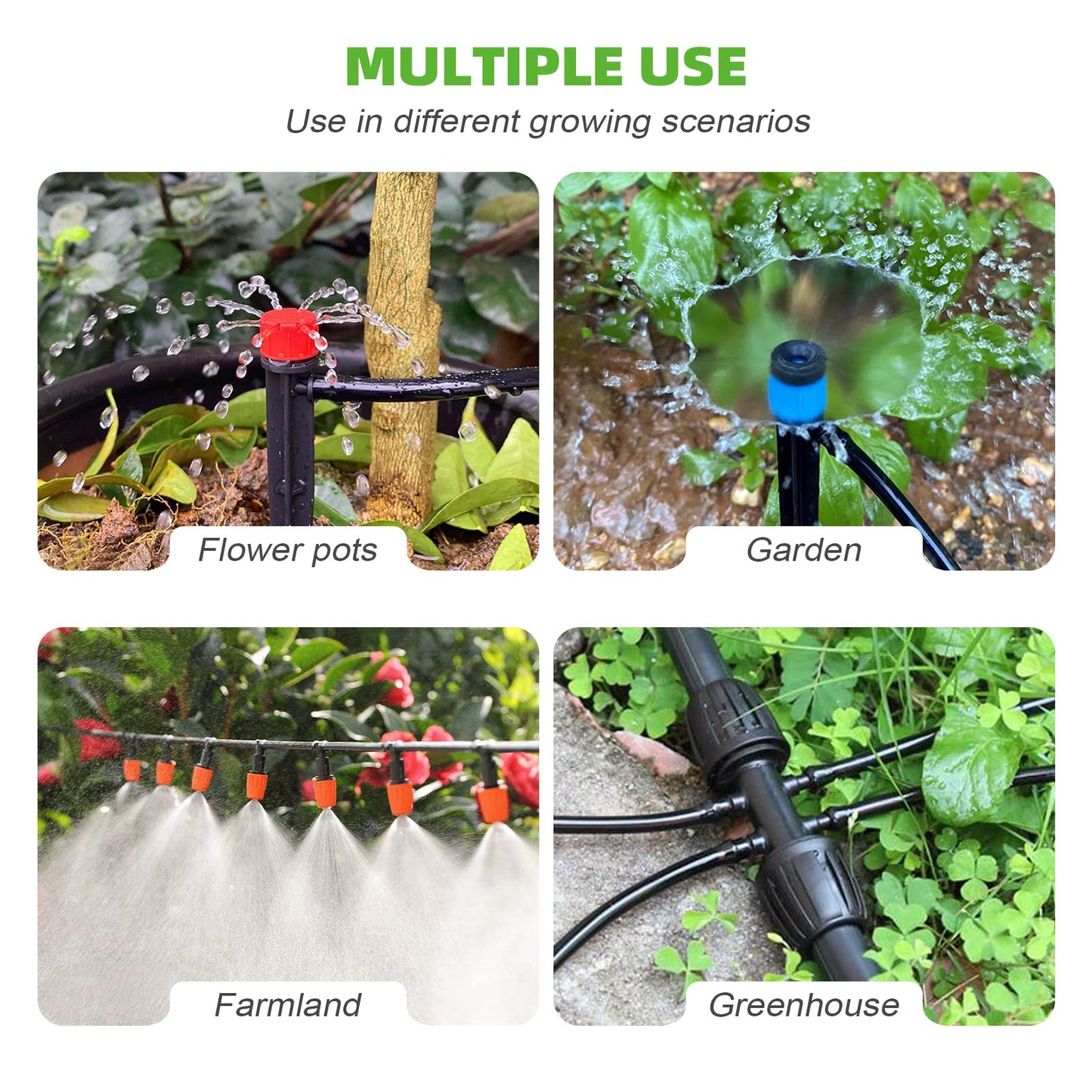 240FT Drip Irrigation System Kit for Garden, Watering System with Adjustable Nozzles, 1/2 & 1/4 inch Tubing Hose, DIY Automatic Mist Cooling for Outdoor Lawn, Patio, Greenhouse Flower Beds Lawn Grass