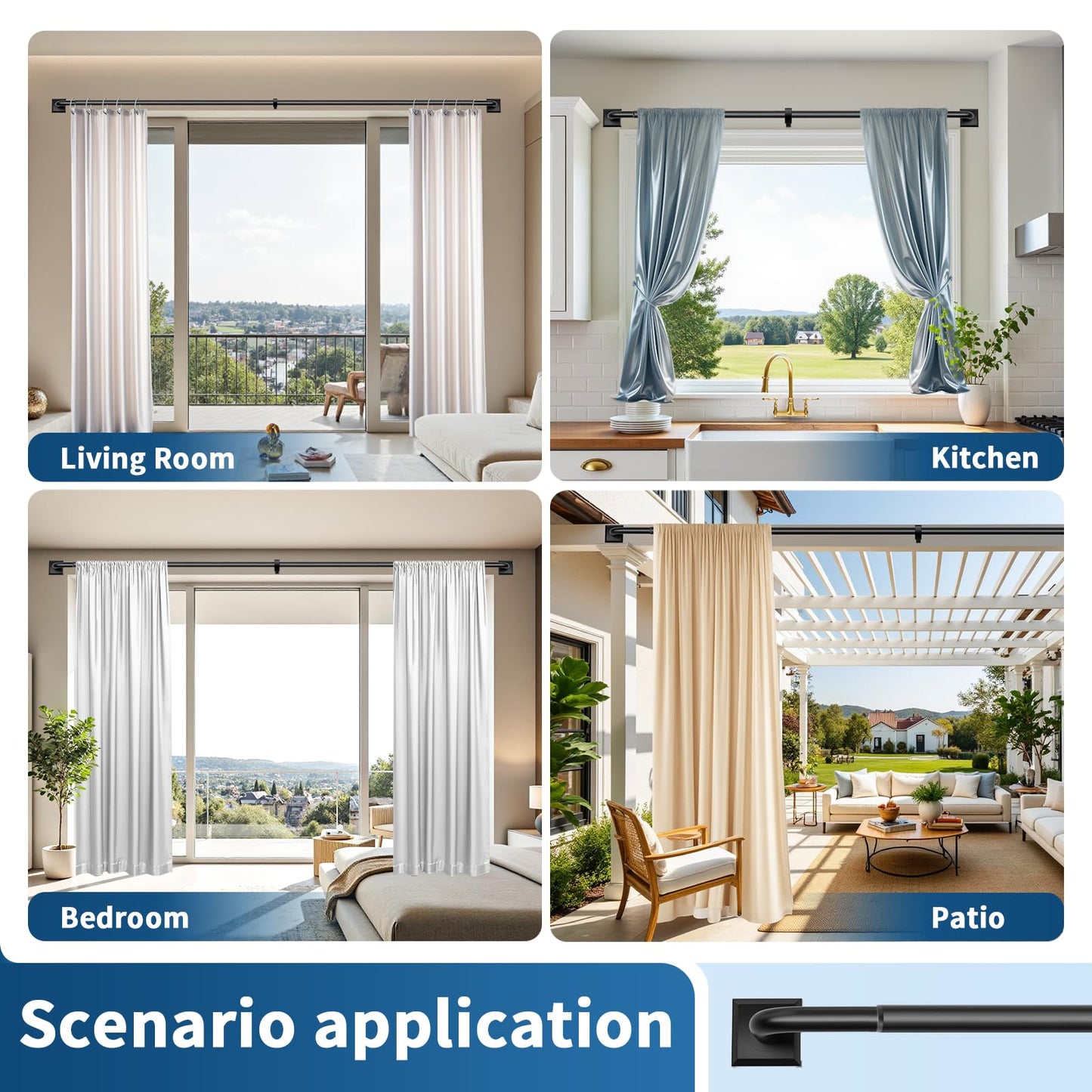 Black Curtain Rods for Windows 48-90Inch(4-7.5ft）Heavy Duty Wrap Around Blackout Curtain Rods,Adjustable Room Darkening Drapery Rod for Bedroom, Living Room, Sliding Door & Outdoor Patio