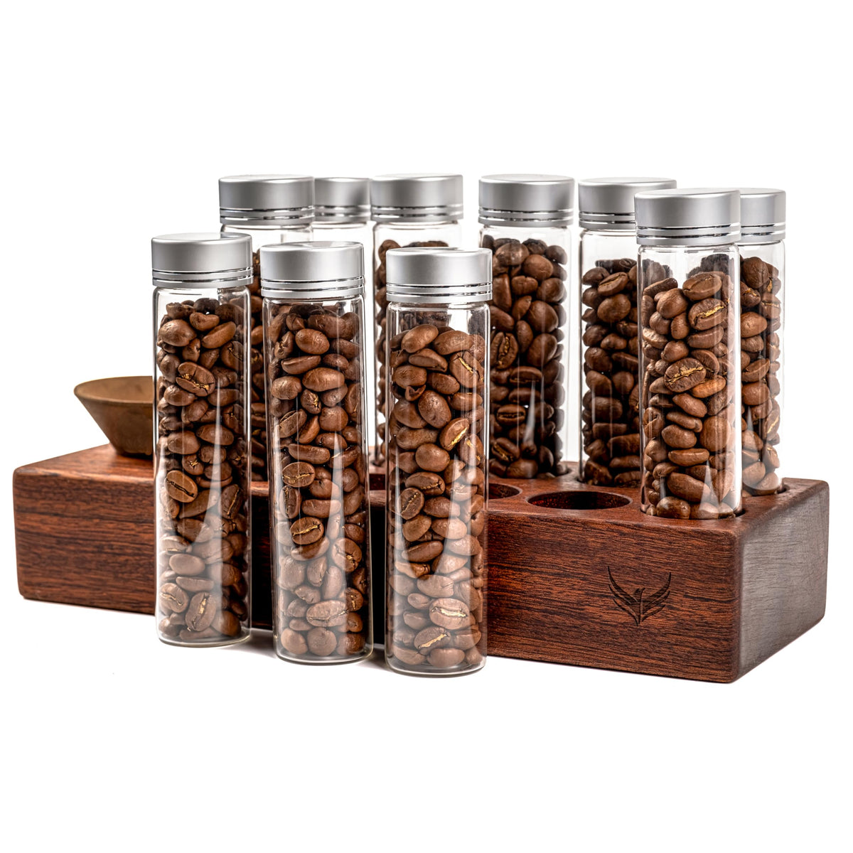 KNODOS Single Dose Coffee Bean Storage Tubes Coffee Bean Cellar 10 Pcs Dosing Glass Vials With Lids (2 Oz) Wooden Display Stand And Funnel