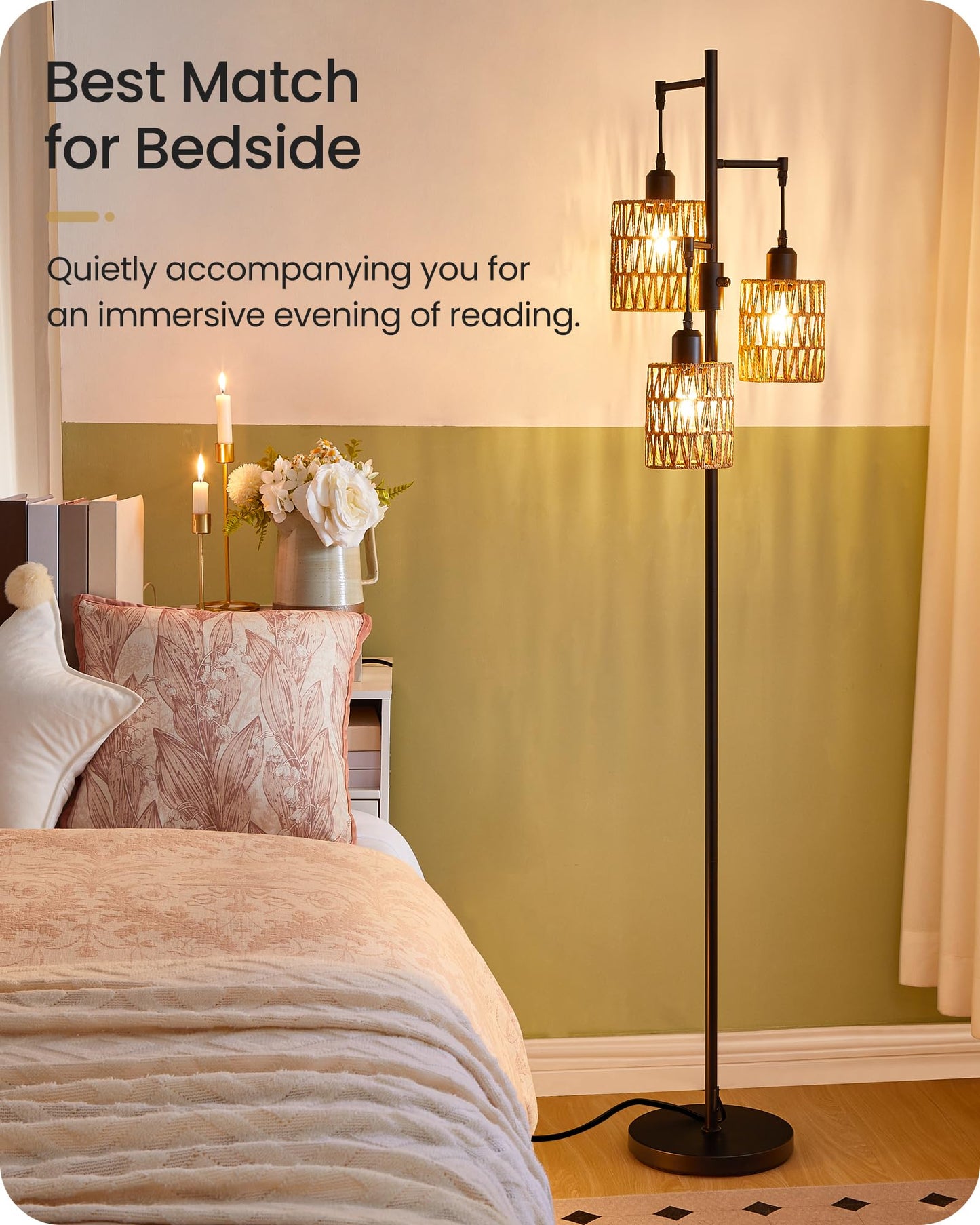 GOEBLESON Dimmable Floor Lamp, Farmhouse 178CM Tall Standing Tree Lamp with 3 Rope Woven Bamboo Lampshades, Boho Rattan Floor Lights, 4W 3 LED Bulbs Included, for Living Room, Bedroom, Study, B03LD05