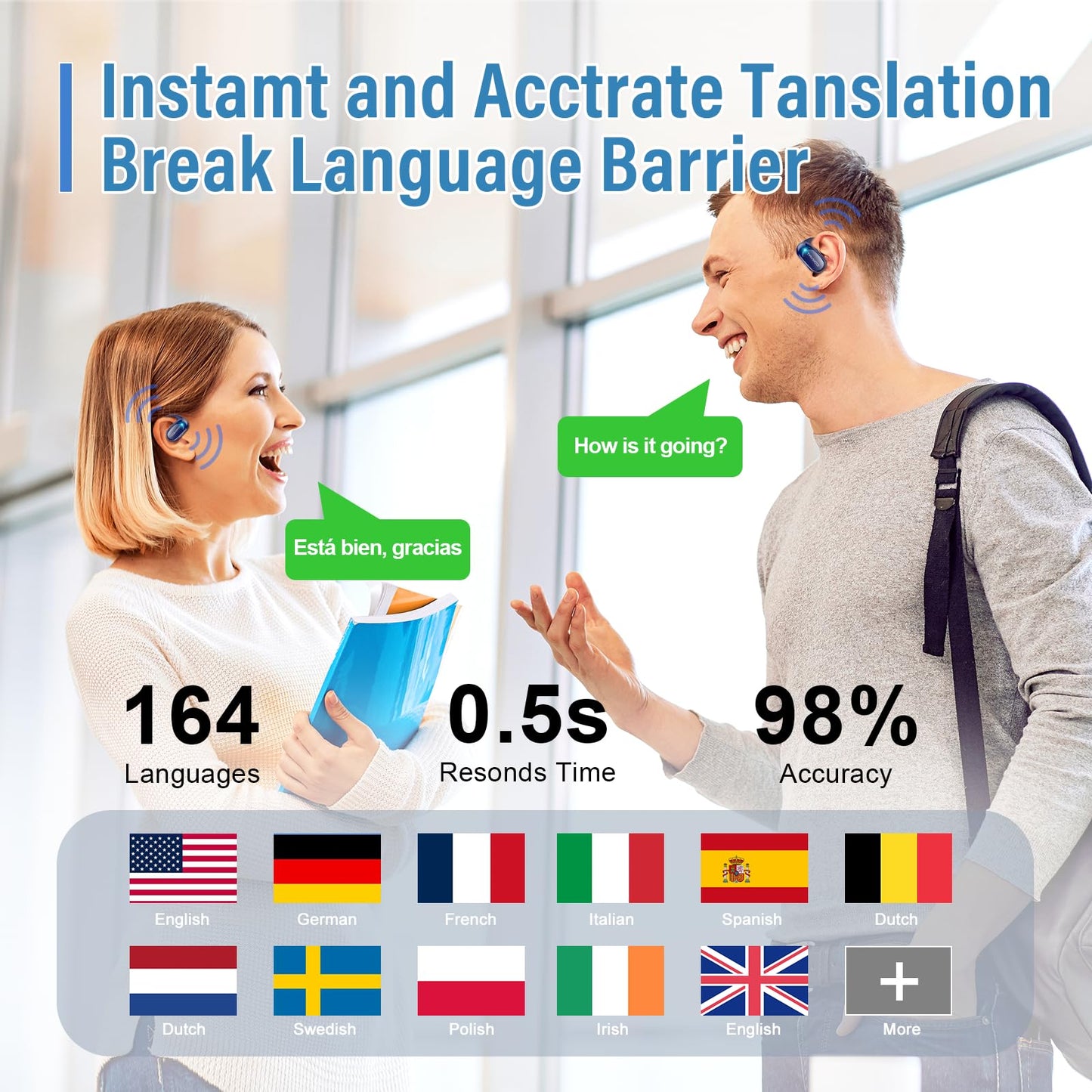 Conyat AI Language Translation Earbuds Real Time, 3-in-1 Translator Earbuds Open Ear with 7 Translation Modes/164 Language, 58H Headphones Translating Device for Travel/Business//Leaning, Blue