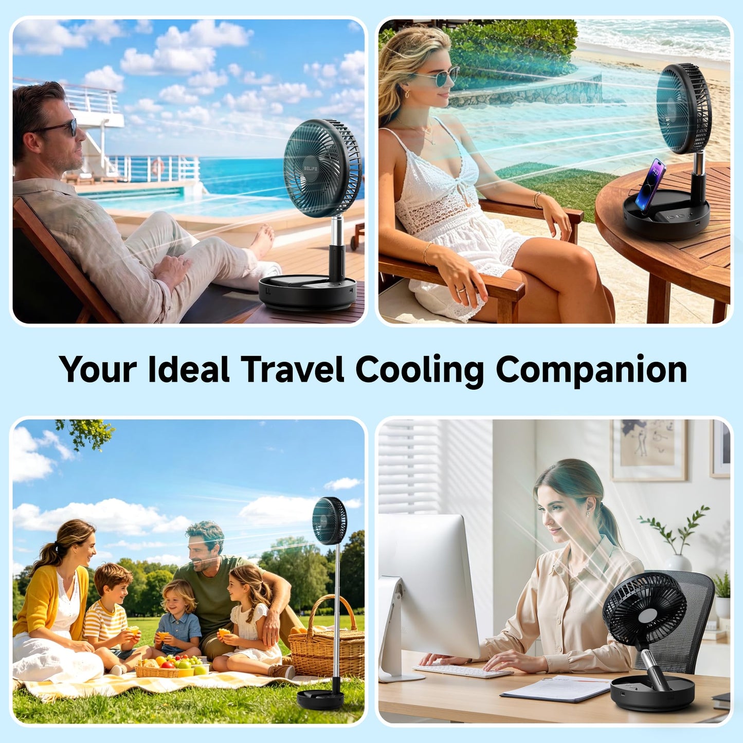 Belife X8 Portable Fan, Cordless 7200mAh Battery Operated Oscillating Fan, USB Rechargeable Desk Floor Fan with Remote, Foldable Telescopic Fan for Home Bedroom Sleeping Office Camping Travel