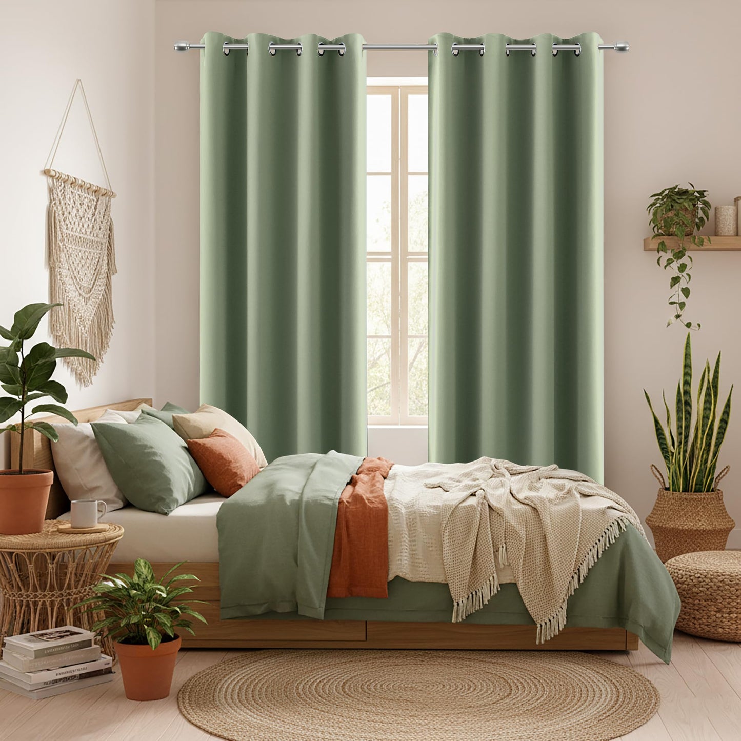 Sage Green Blackout Curtains 2 Panels, Rideau Opaque, Summer Boho Black Out Sound Proof Darkening Grommet Thermal Insulated Window Curtains Drapes 84 Inch Long for Bedroom Living Room