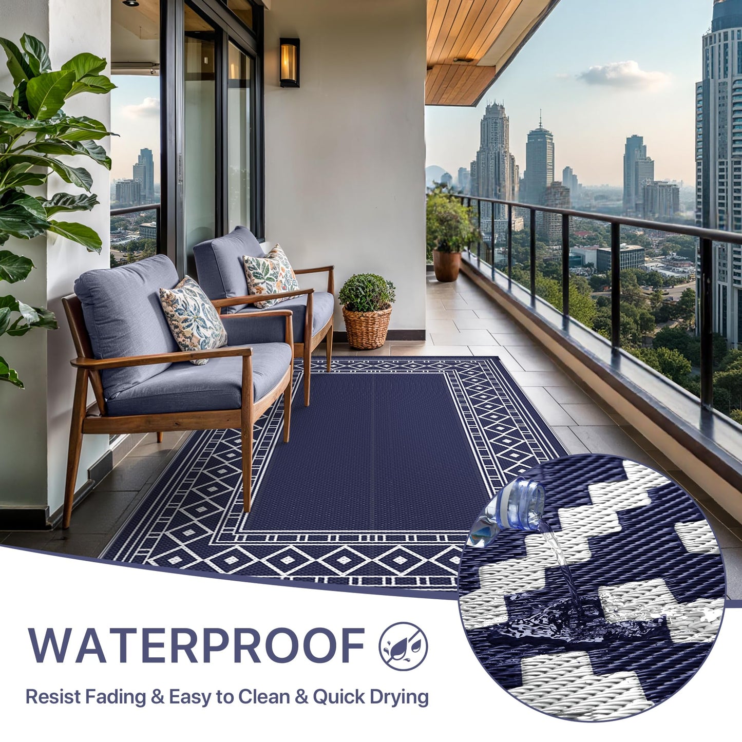 GENIMO 6'x9' Outdoor Rug for Patio, Reversible Plastic Waterproof RV Rugs, Clearance Large Mat, Porch, Camping, Picnic, Deck, Camper, Balcony, Blue & White