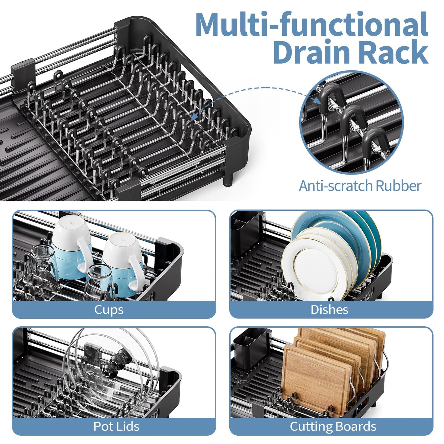 Urackify Extendable Dish Drying Rack, Dual Part Dish Drainers with Non-Scratch and Movable Cutlery Drainer and Drainage Spout, Adjustable Dish Rack for Kitchen,Black