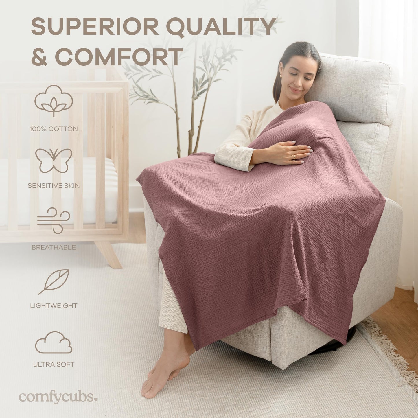 Comfy Cubs Muslin Swaddle Blankets Pack of 3, 107 x 107 cm, Soft 100% Cotton Baby Blanket Set, Large Swaddling Wraps for Newborns - Self-Soothing Baby Swaddle - Cream, Blush, Mauve