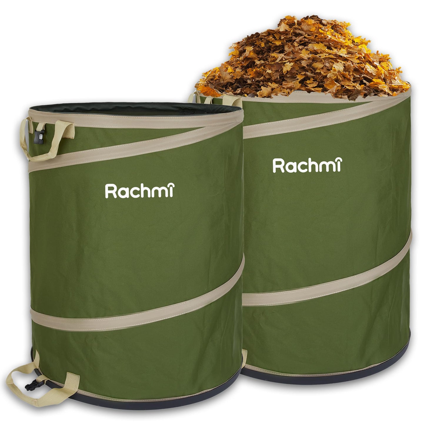 Rachmi 47 Gallon Collapsible Pop Up Trash Can with Hard Bottom 2-Pack | Reusable Outdoor Garden Waste Bag Yard Leaf Basket Recycle Bin for Party Camping | Large Toys Balls Storage Container, Green