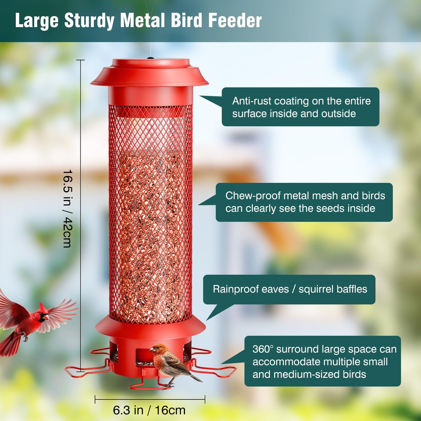Wellavich Weight-Activated Squirrel Proof Metal Bird Feeder with Removable Spill-Proof Tray, 5 Perches, 4 lb Capacity, Easy to Fill and Clean, Outdoor Bird Feeder for Medium to Large Birds