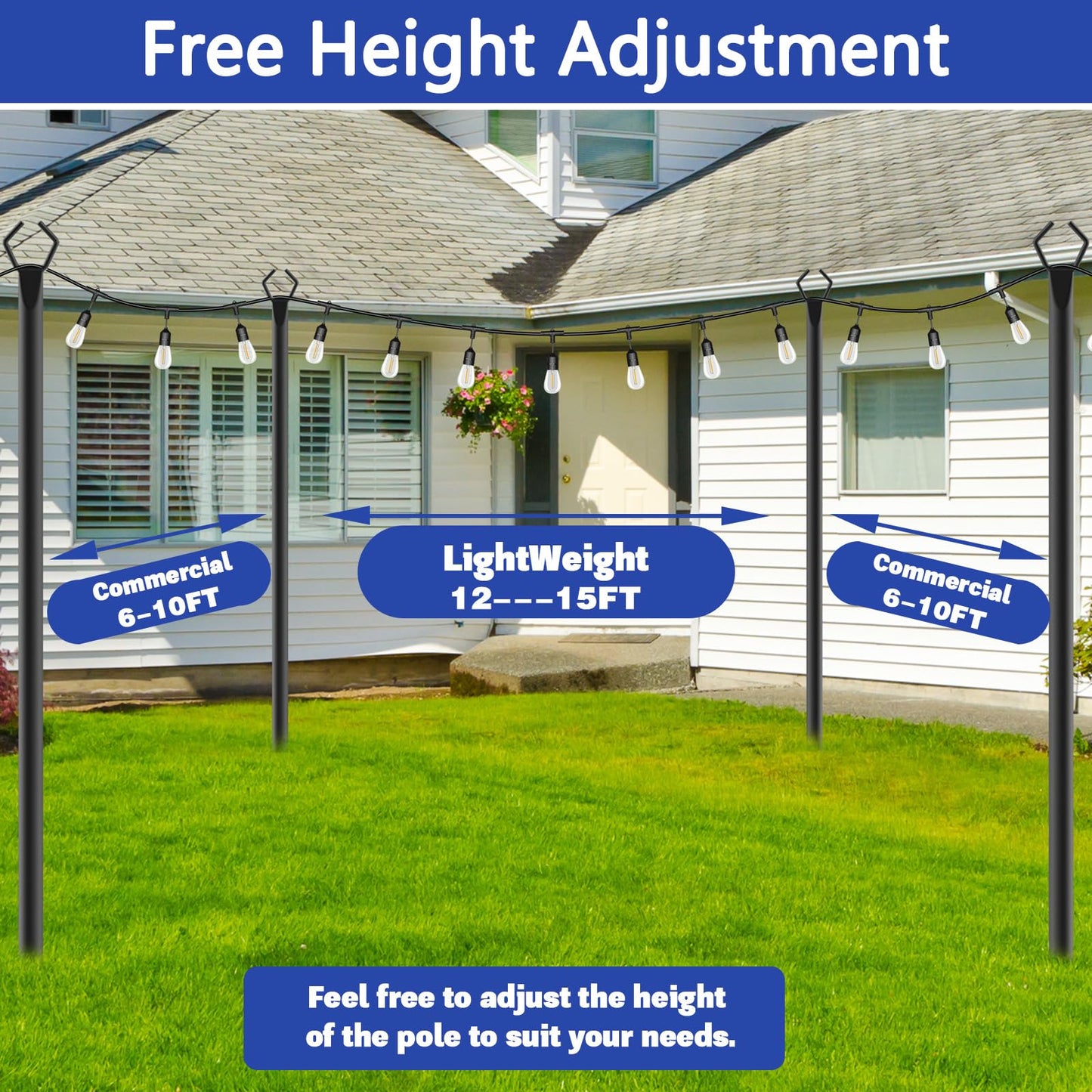 6 Pack 10 ft Heavy Duty Metal String Light Poles Adjustable Outdoor Lighting Stand for Patio,Backyard,Garden,Party & Wedding Rustproof & Sturdy with Hooks (6 Pack)