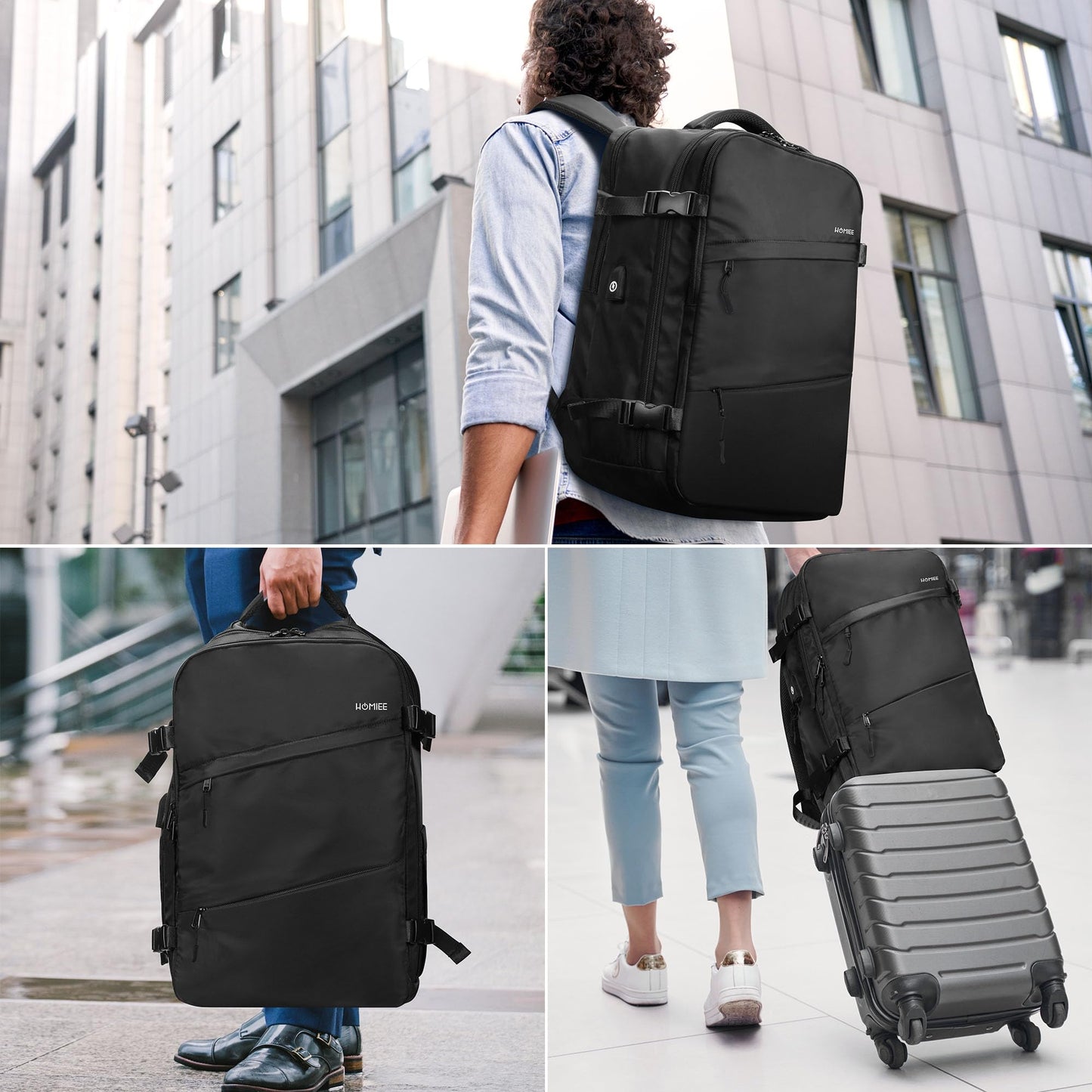 HOMIEE Travel Laptop Backpack, Flight Approved Carry-On Backpack 15,6" Laptop Backpack, Anti-theft Travel Backpack with USB Charging Port, Unisex Luggage Backpack, Black