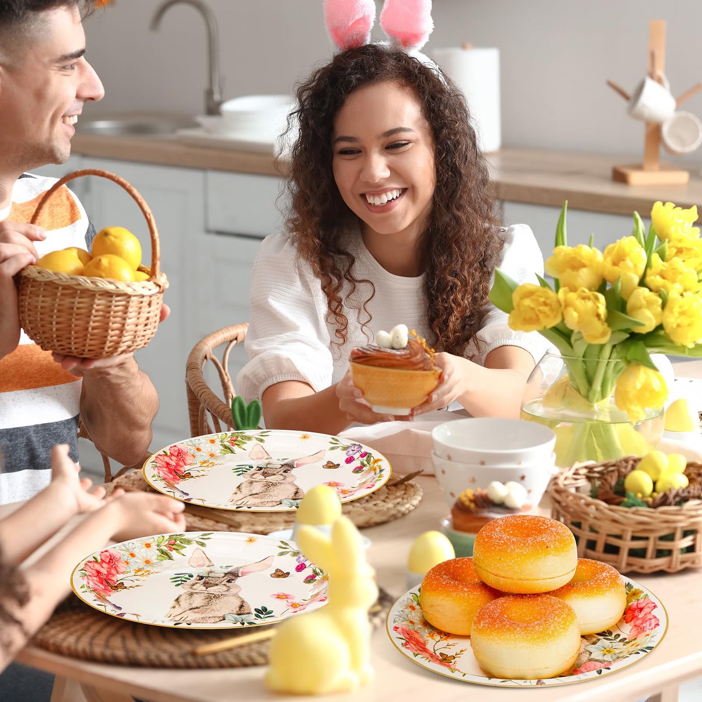 Sunnychicc 100 Pcs Easter Dessert Paper Plates Bulk 7'' Round Disposable Floral Bunny Egg Rabbit Plates for Holiday Spring Tableware Party Supplies(Beige,Cute Bunny)