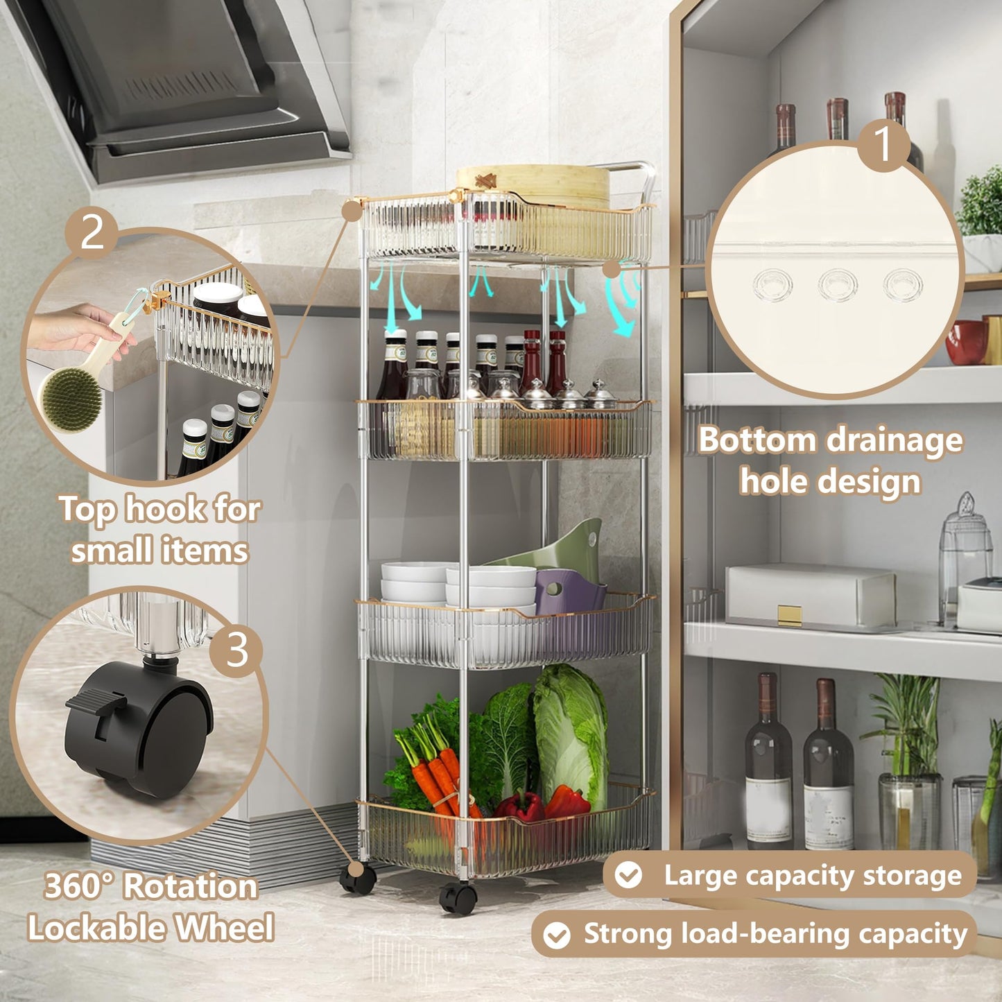 Acrylic Utility Cart, 2 Tier Rolling Trolley with Lockable Wheels Storage Organizer for Kitchen Bathroom Laundry Snack Book,Gold,2 Tier