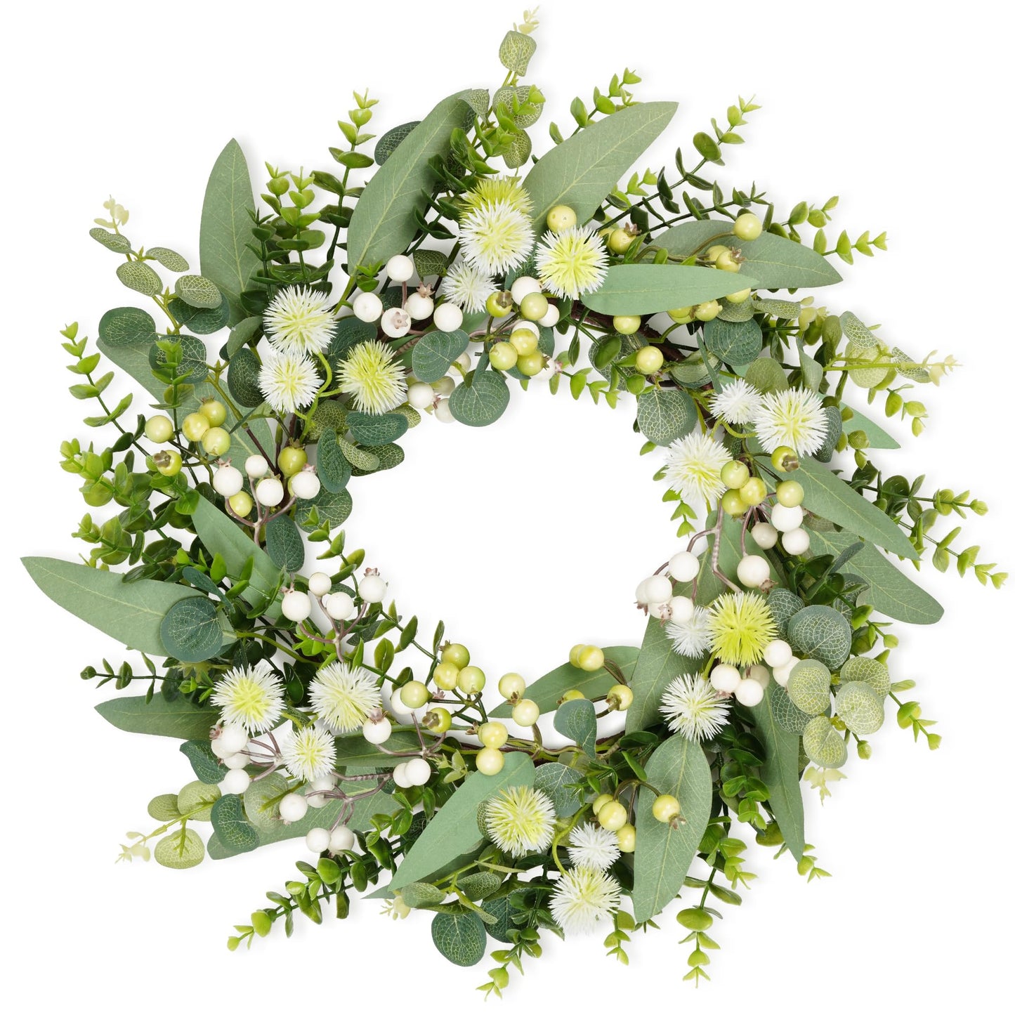Petalyn Eucalyptus Wreaths for Front Door, 20 Inch Green Wreath with Faux Dandelion, Boxwood, Berries, Spring Summer All Season Artificial Wreath Decoration for Farmhouse Wall Indoor Outdoor Hanging