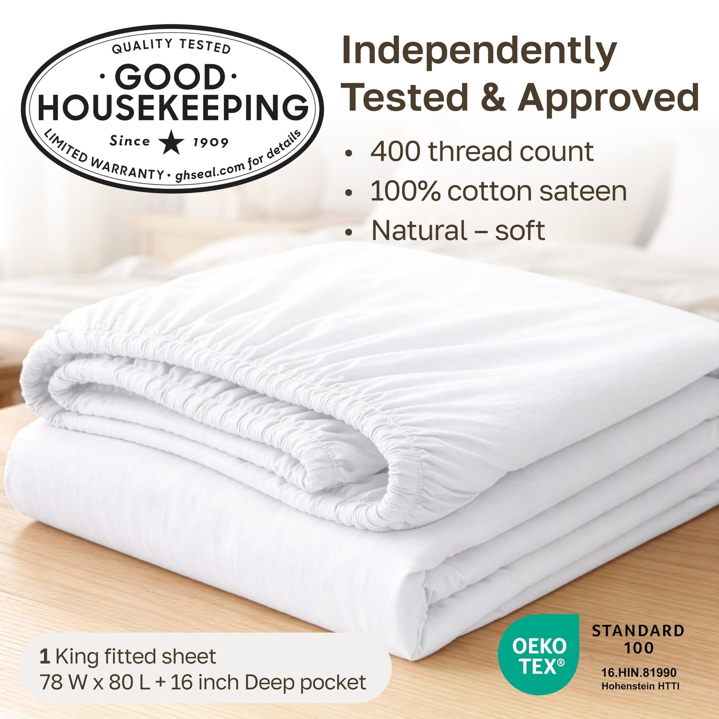 California Design Den Deep Pocket King Fitted Sheet, Soft 400 Thread Count 100% Cotton Sateen, No Pop-Off Elastic, Durable Fitted Sheet Only - Ivory (Pale Tone)