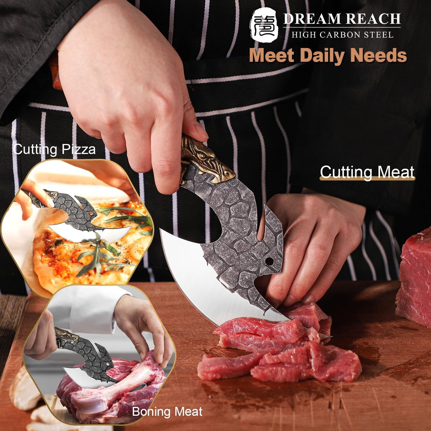 Dream Reach Viking Cleaver Knife Butcher Meat Cutting Boning Knife High Carbon Steel Kitchen Axe with Sheath Home Outdoor BBQ Camping Birthday Christmas Gift Men