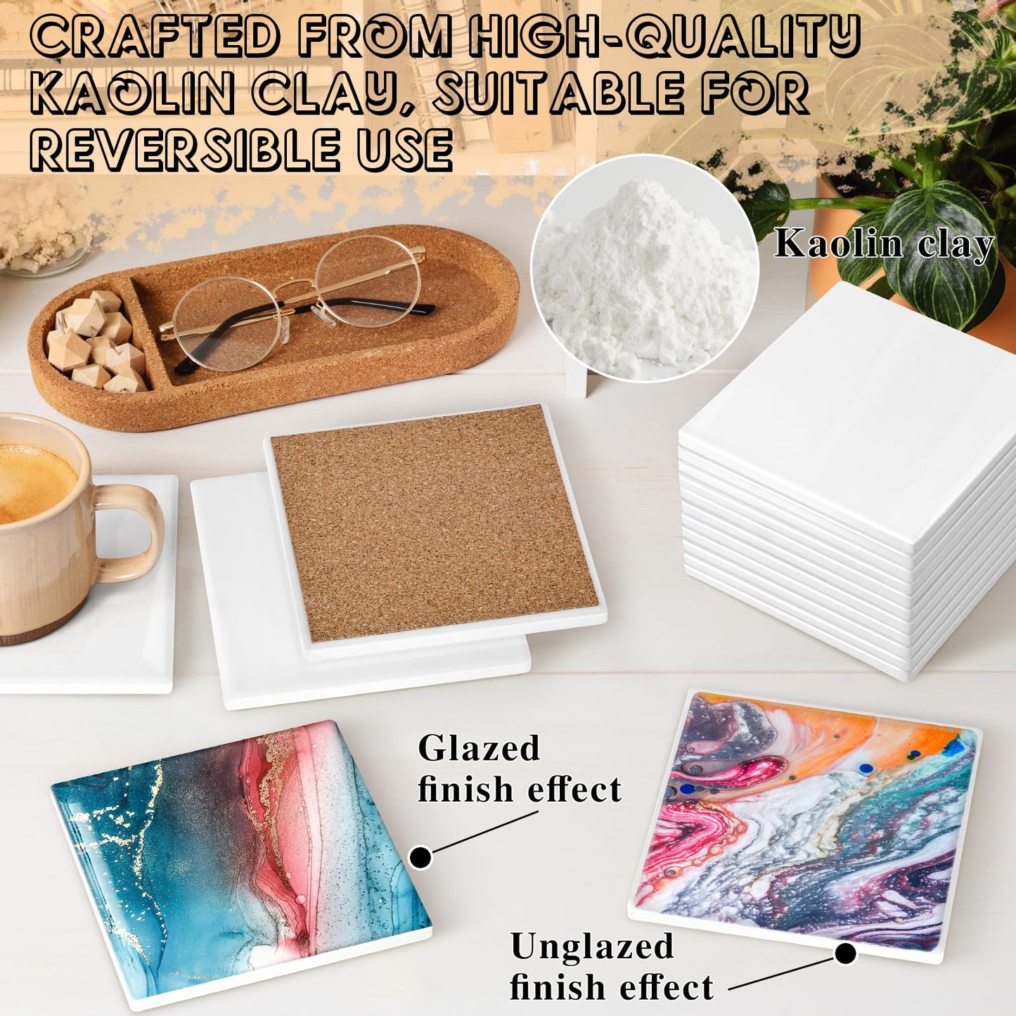 36 Pieces Sublimation Coasters, GOH DODD Glossy Ceramic Tiles Glazed Blanks with Cork for DIY Alcohol Ink Heat Transfer Painting Housewarming Gifts Wedding Arts Crafts School Education, Square, 4 Inch