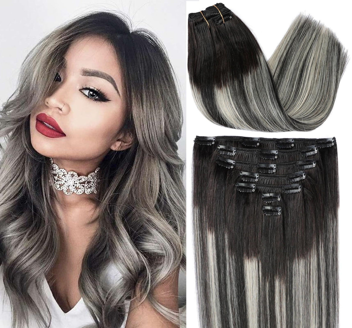 ORIGEN Clip in Hair Extensions Real Remy Human Hair Ombre Natural Black Mix Silver Grey Dark Black Roots Hair Extensions for Women 120g 7 Pcs 16 Inches
