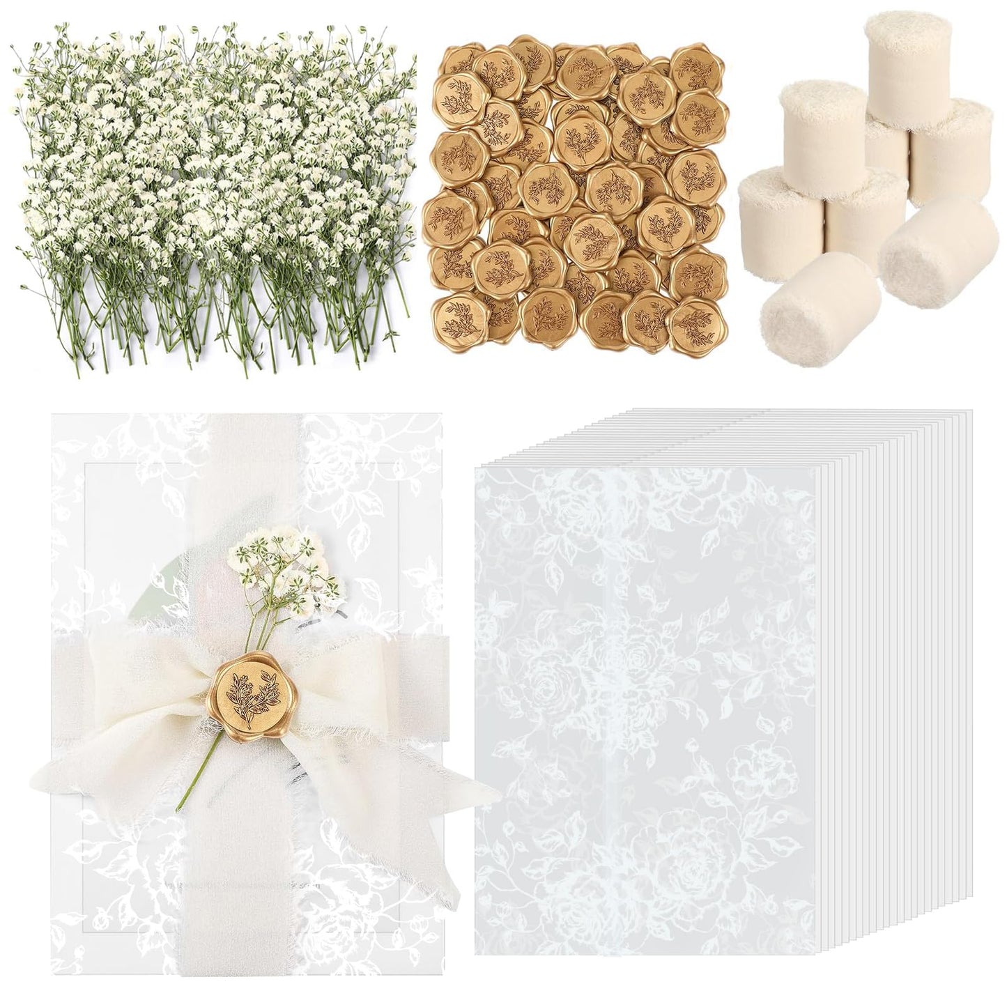 Wedding Invitation Accessories Kit, Pre-Folded Vellum Jackets for 5×7 Invitations with Wax Seal Stickers, Ribbon & Dried Flowers, Wedding Invitation Accessories for DIY Bridal Invites (50, White, Rose)