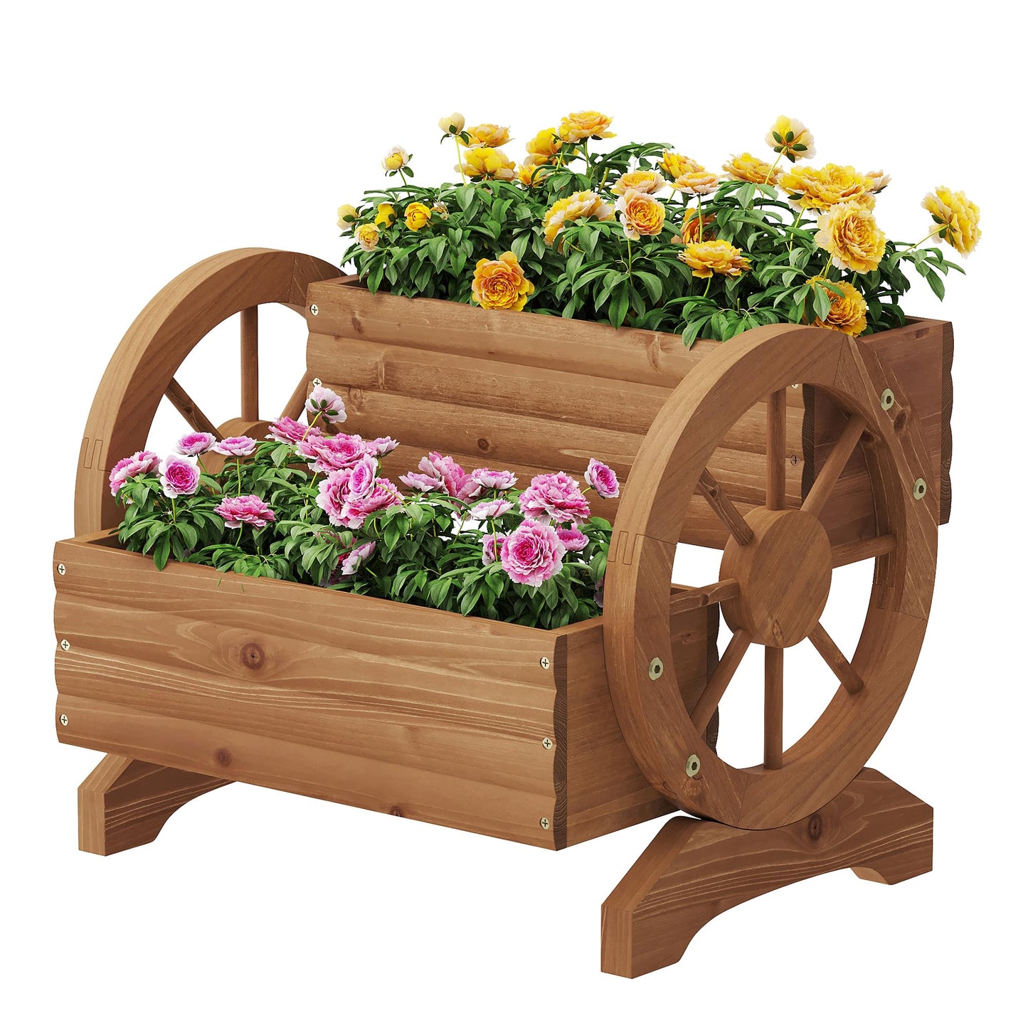 Wooden Wagon Planter Box for Indoor Outdoor Garden Planter Wood Planter Boxes Flower Planters Outdoor with Wheels Planter for Flowers Herbs Vegetables(Brown)