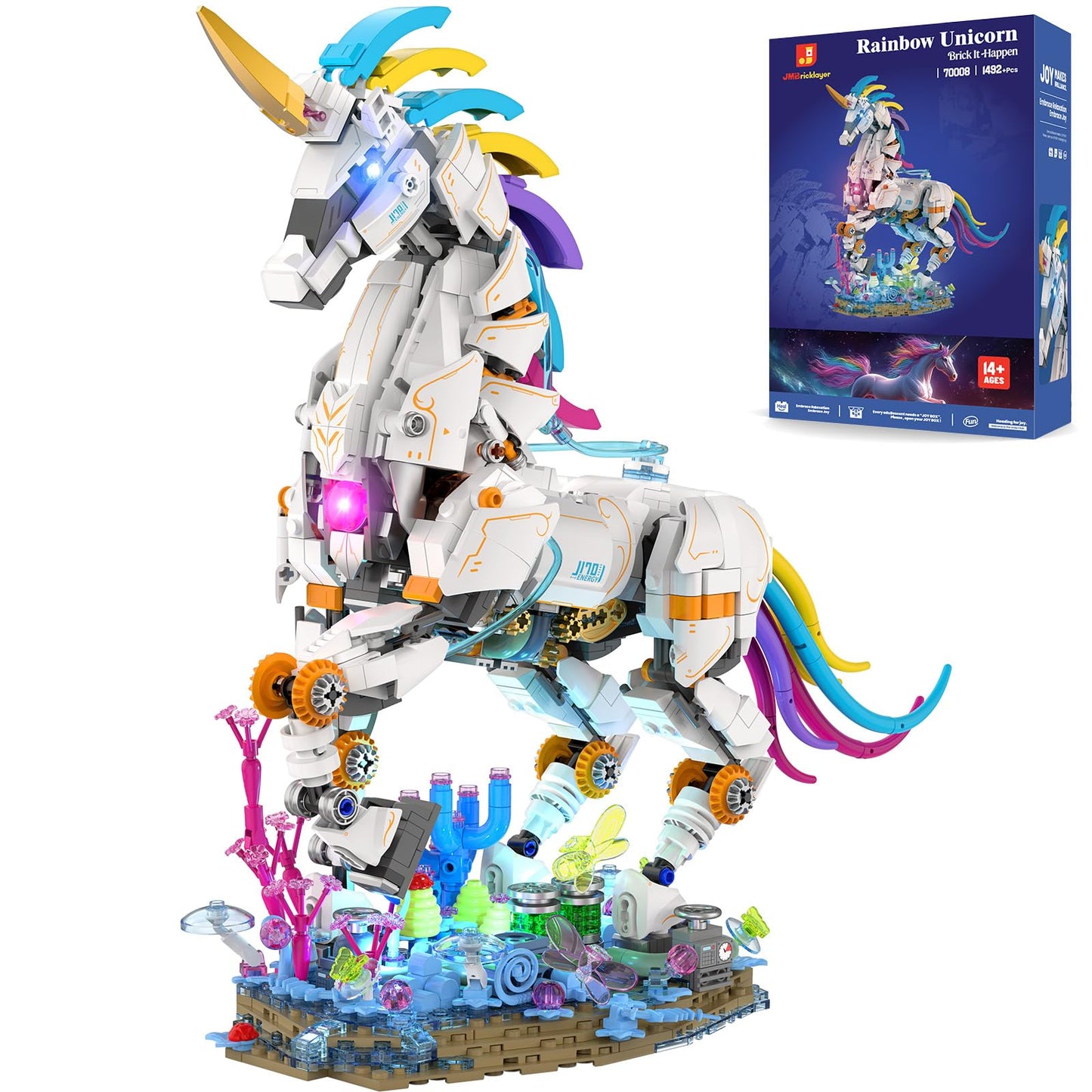 JMBricklayer Unicorn Building Blocks Set for Adults with Lights 70008, Art Creator Animals Display Model Kit, Cool Rainbow Unicorn Building Toy Home Decor, Christmas Birthday Gifts for Girls Boys 14+