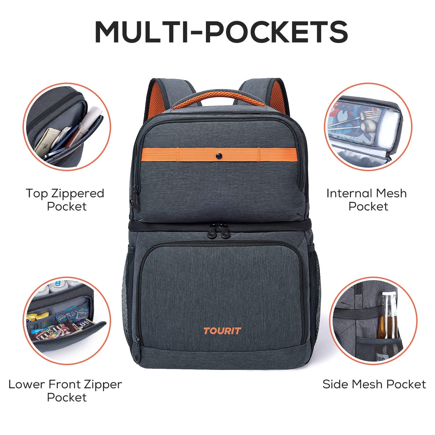TOURIT Backpack Cooler with Double Decks, Insulated Cooling Bag for Lunch,Waterproof Lightweight for Men to Camping, Picnic, Hiking, Beach Park, Dark Grey