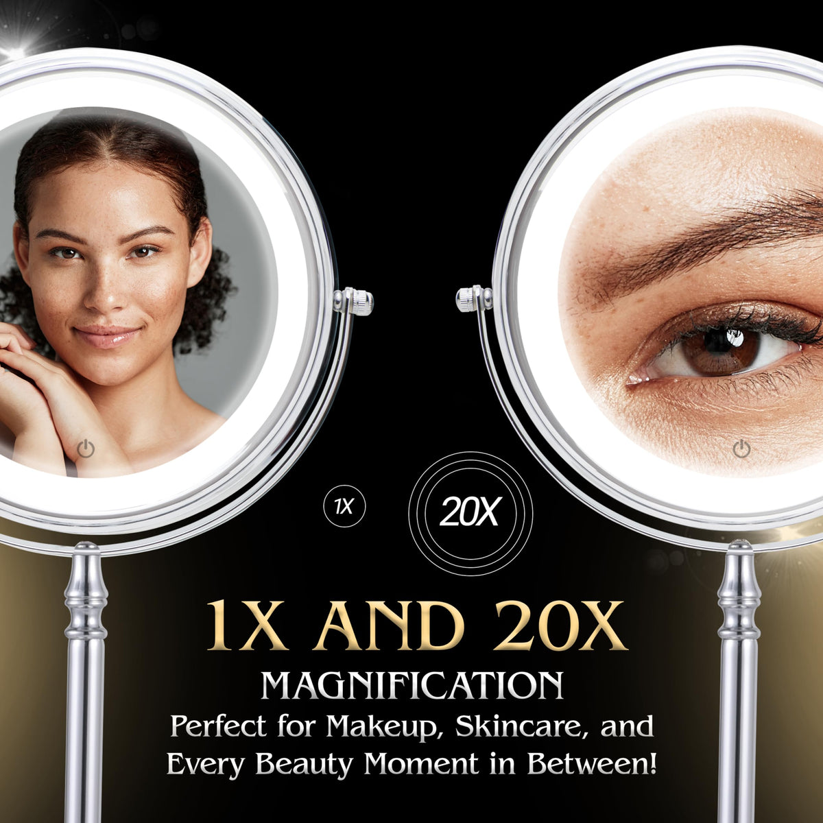 Ultra Zoom 20X Magnifying Illuminated Makeup Mirror - 20X & 1X Dual Sided Glow with 3 Luminous Modes, Charging Cord Included - 38cm Tall x 20cm Wide (Chrome)