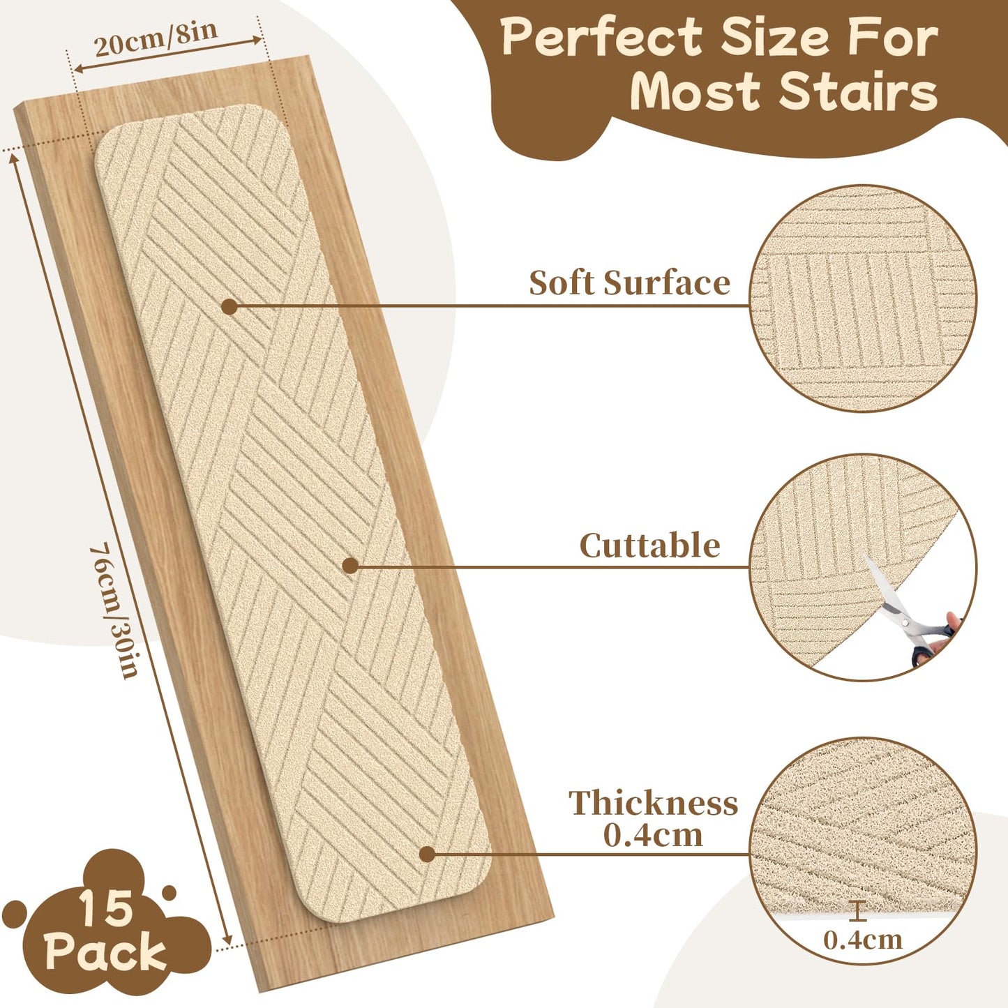 Aenithsy Stair Treads Non Slip Indoor, 15 Pack 30"x8" Stair Runners for Wooden Steps with Reusable Adhesive, Washable Stair Carpet Mats for Elders, Kids and Pets, Beige