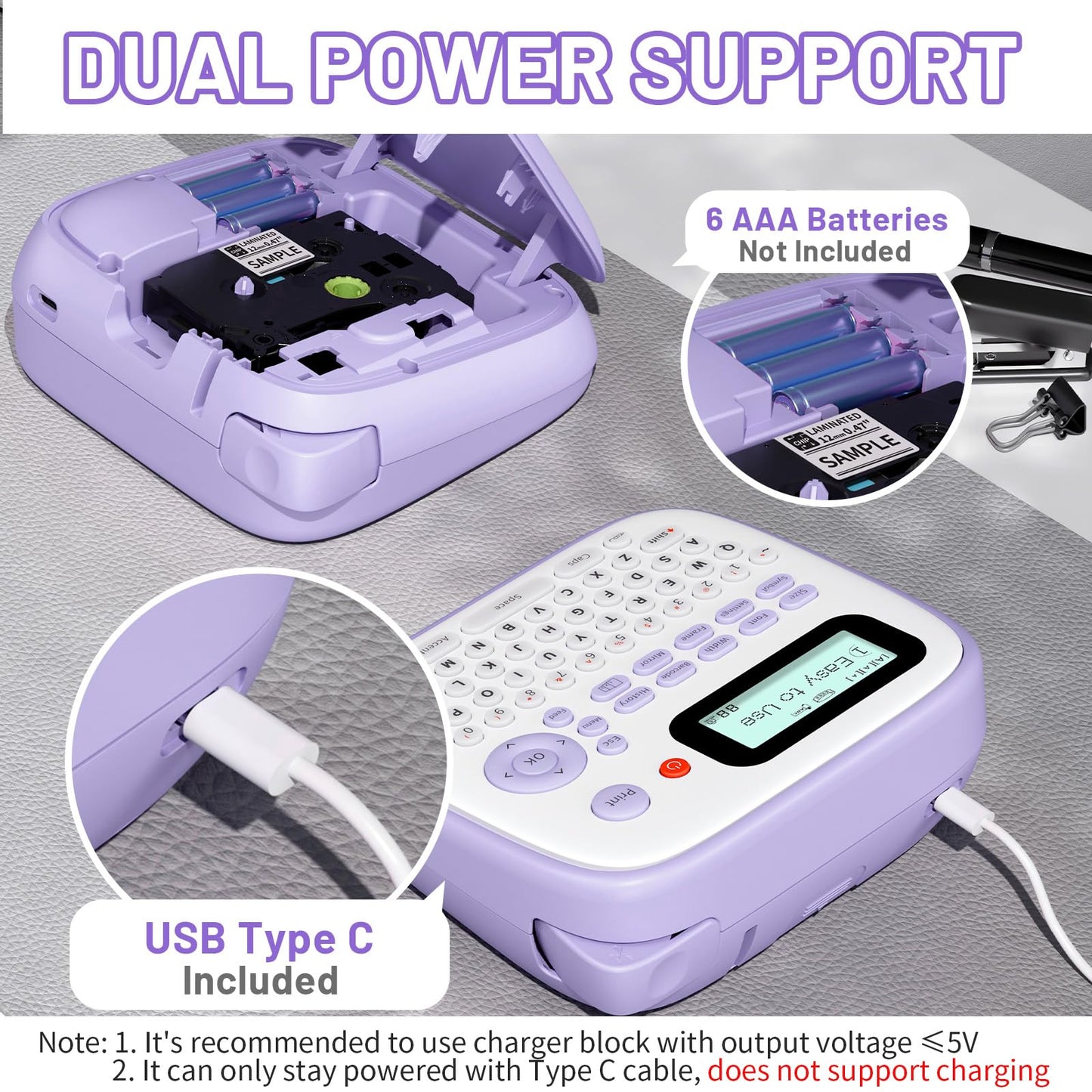 Label Maker Machine with Tape, Purple Label Maker Waterproof Labels, Portable Labeler for Teachers Kids Classroom Use, Desktop Labeler with Multiple Symbols & Fonts for Home Office School Use, D210S