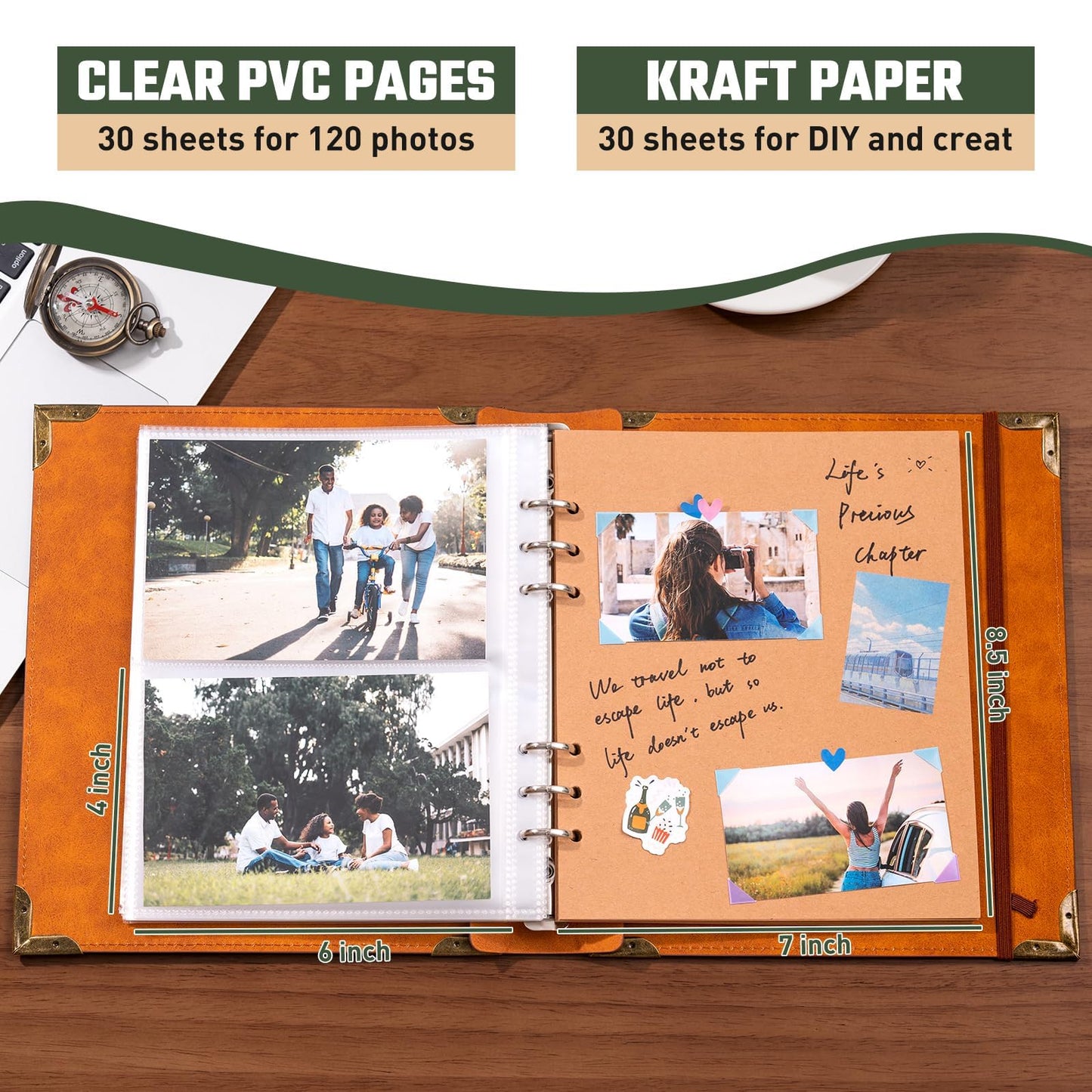 Vintage Photo Album 4x6 Leather Scrapbook Album with Writing Space 120 Photos & 30 Sheets DIY Paper Memory Albums Book for Anniversary Travel Vacation Family Tree, Brown