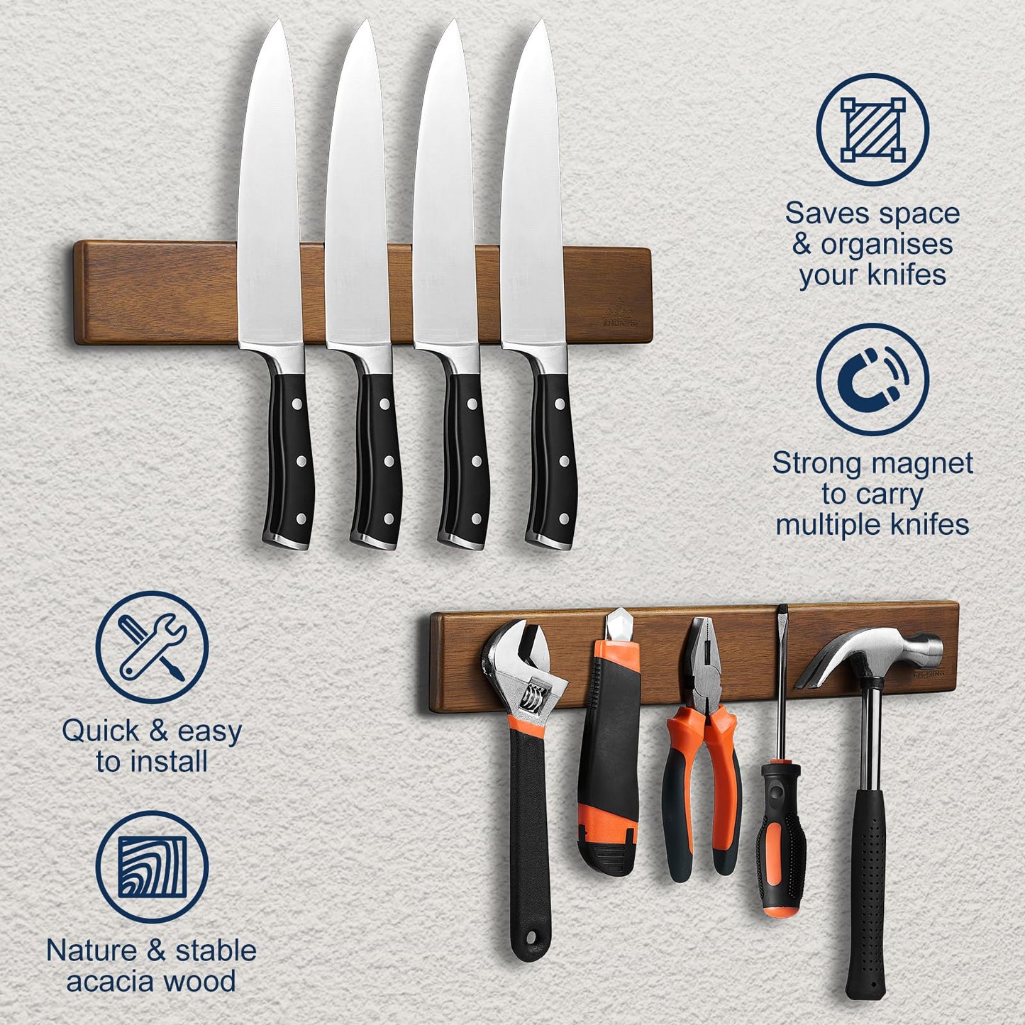 ENOKING Acacia Wood Magnetic Knife Strip for Kitchen, Wall Mounted Knife Magnetic Holder for Chef Knives, 16 Inch with Gift Box & 4 Hooks