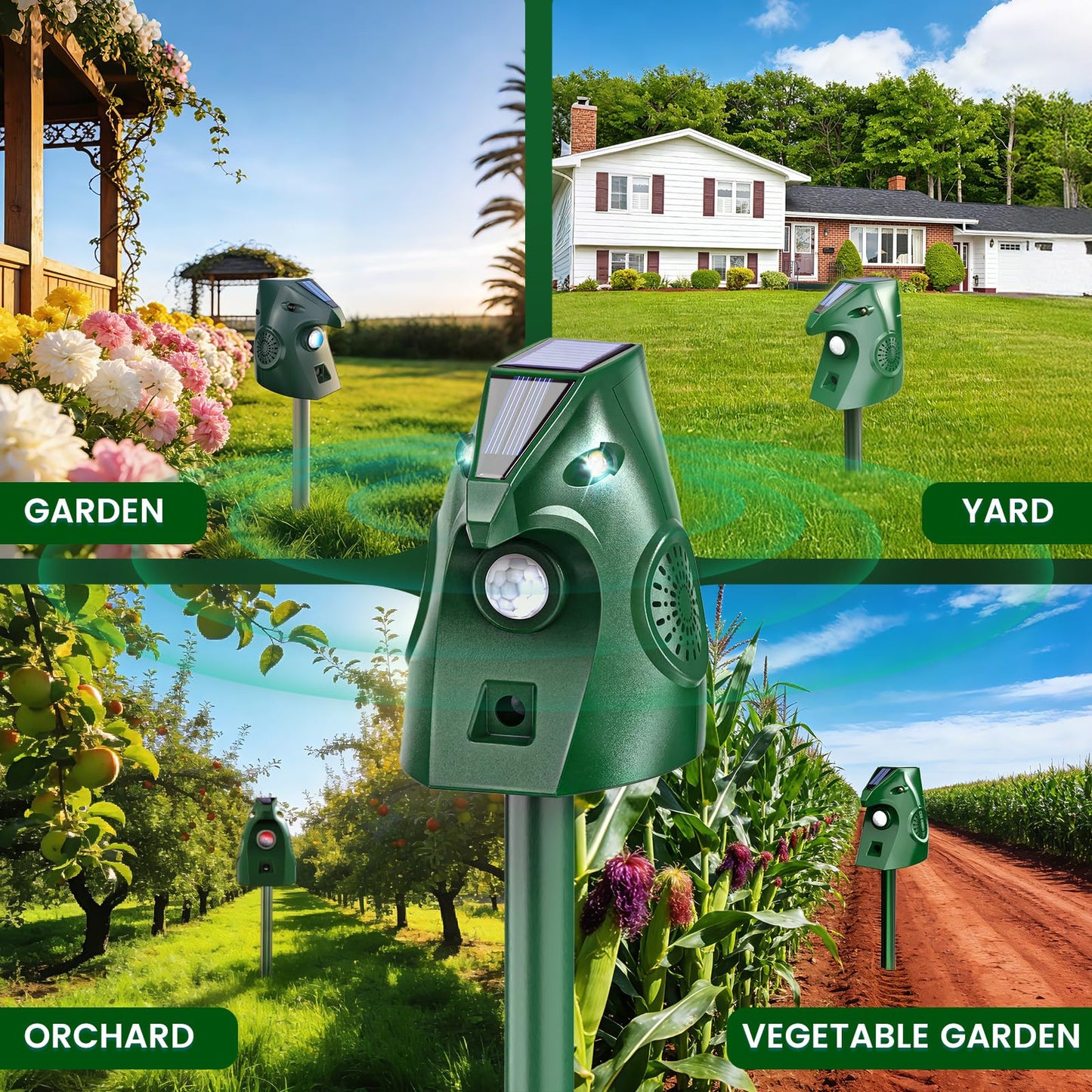 Ultrasonic Animal Repellent Outdoor, Solar Power Cat Rodent Raccoon Repeller, Squirrel Skunk Control Device with Motion Sensor and FIashing Light, Waterproof Rabbt Snake Deterrent for Outdoor