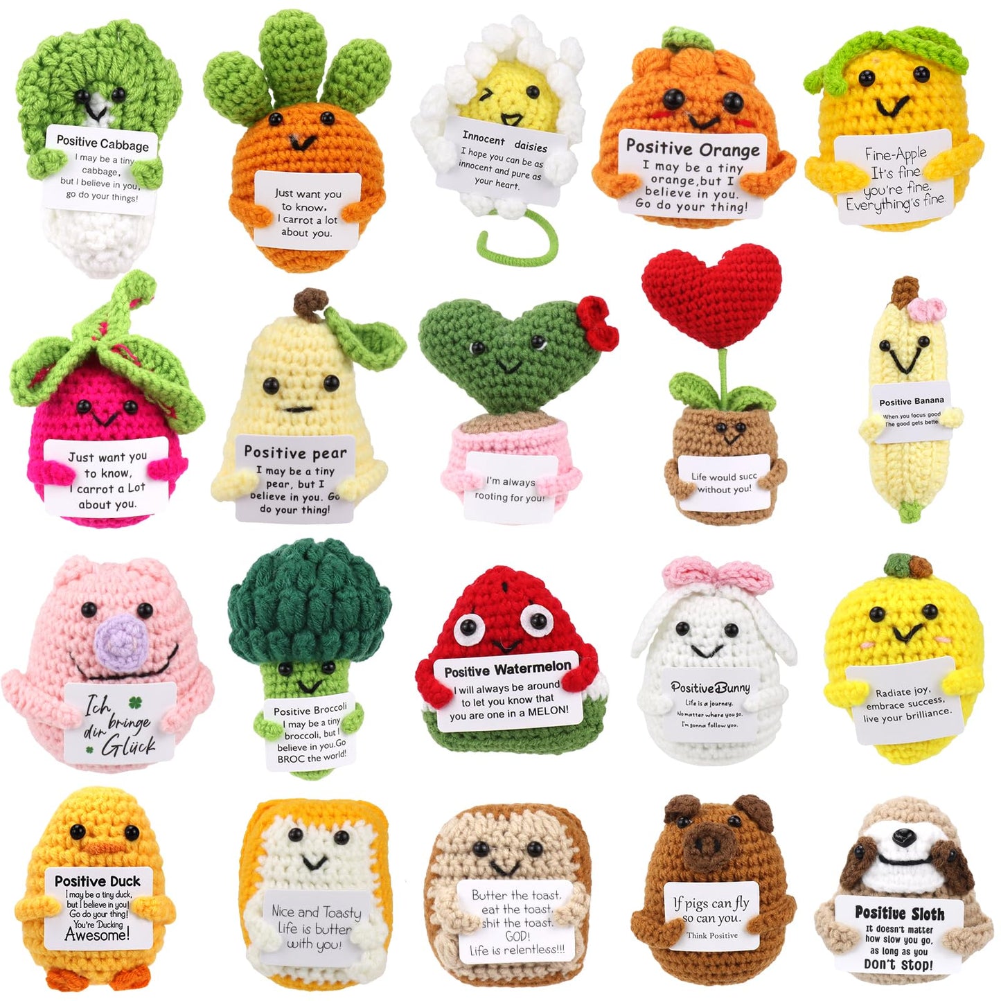 20 PCS Mini Positive Crochet Animals Bulk with Inspirational Cards Emotional Support Crochet Dolls Handmade Graduation Teacher Employee Appreciation Gifts for Teen Women Men Coworkers