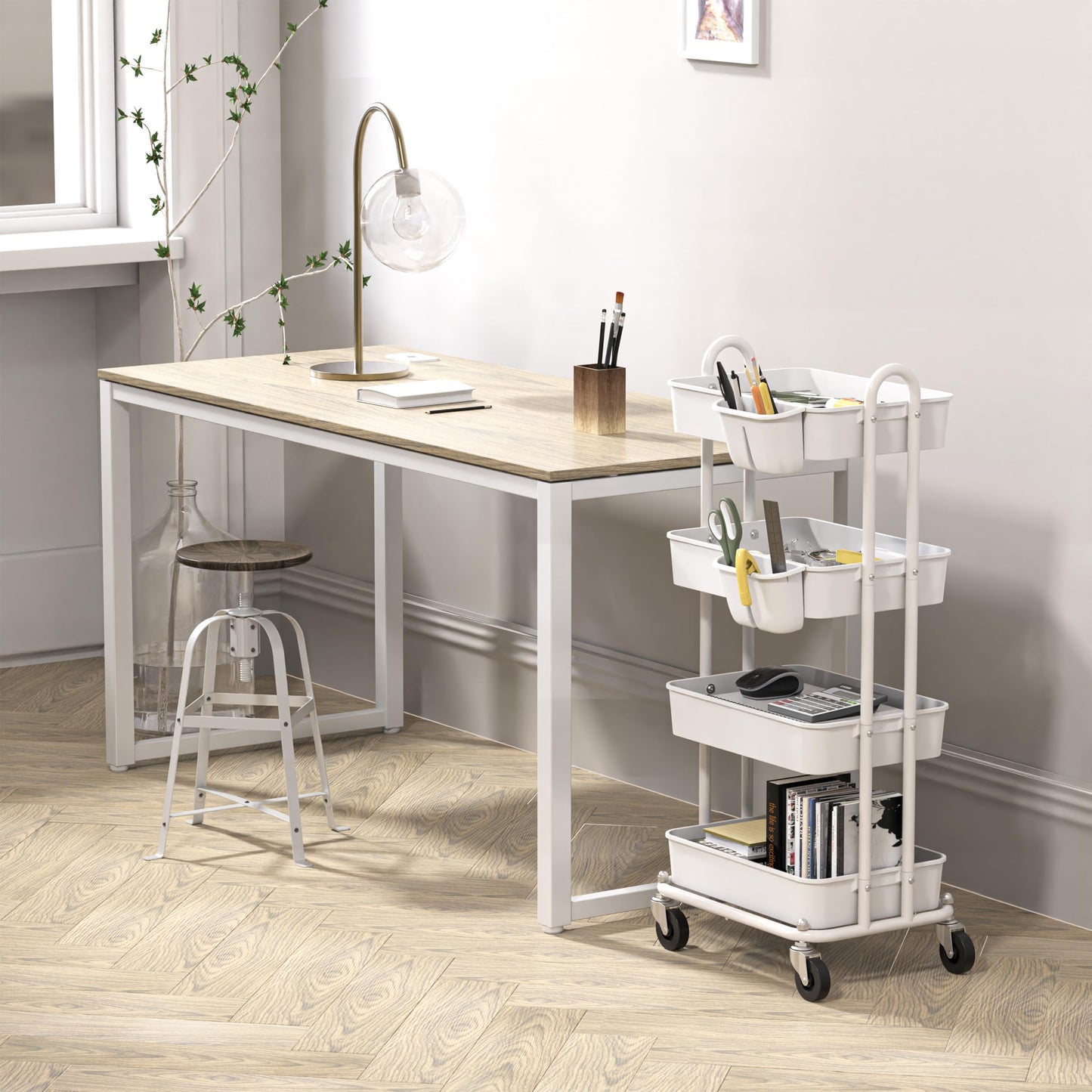 Simple Houseware 4-Tier Rolling Utility Cart with Hanging Buckets, White