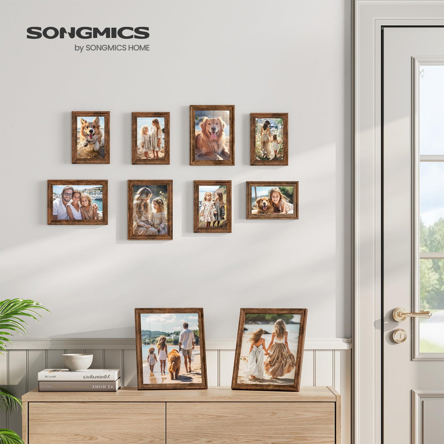 SONGMICS Picture Frames with 16 Mats, Set of 10 Collage Photo Frames, Two 8x10, Four 5x7, Four 4x6 Frames, Hanging or Table Display, Glass, 12 Non-Trace Nails, Rustic Brown URPF049X01