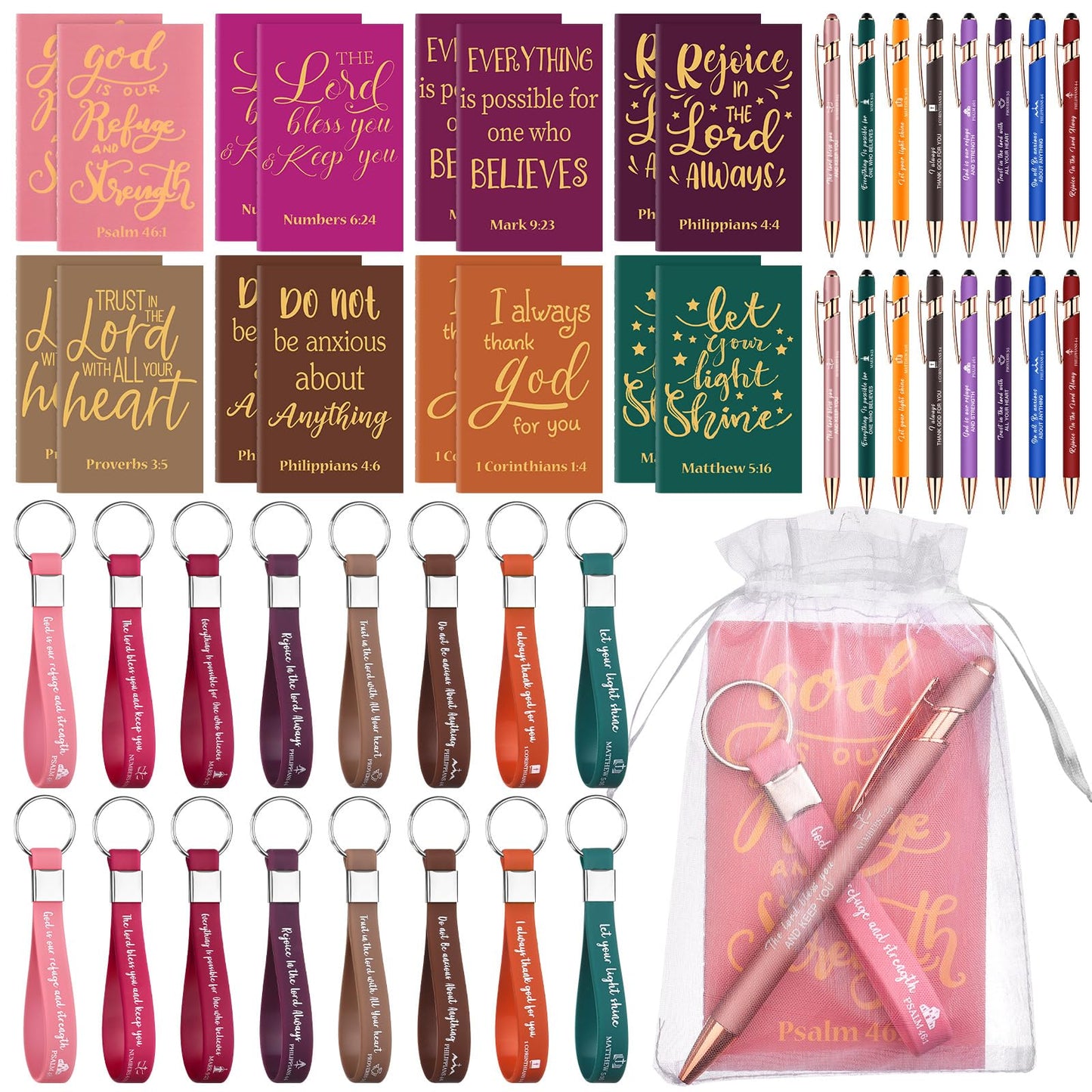 64 Pcs Christian Gift Bulk Include 16 Bible Verse Notebooks 16 Christian Pens 16 Religious Keychain and 16 Organza Bags Inspirational Bible Notepads Gift Set for Church School Supplies Easter Favor