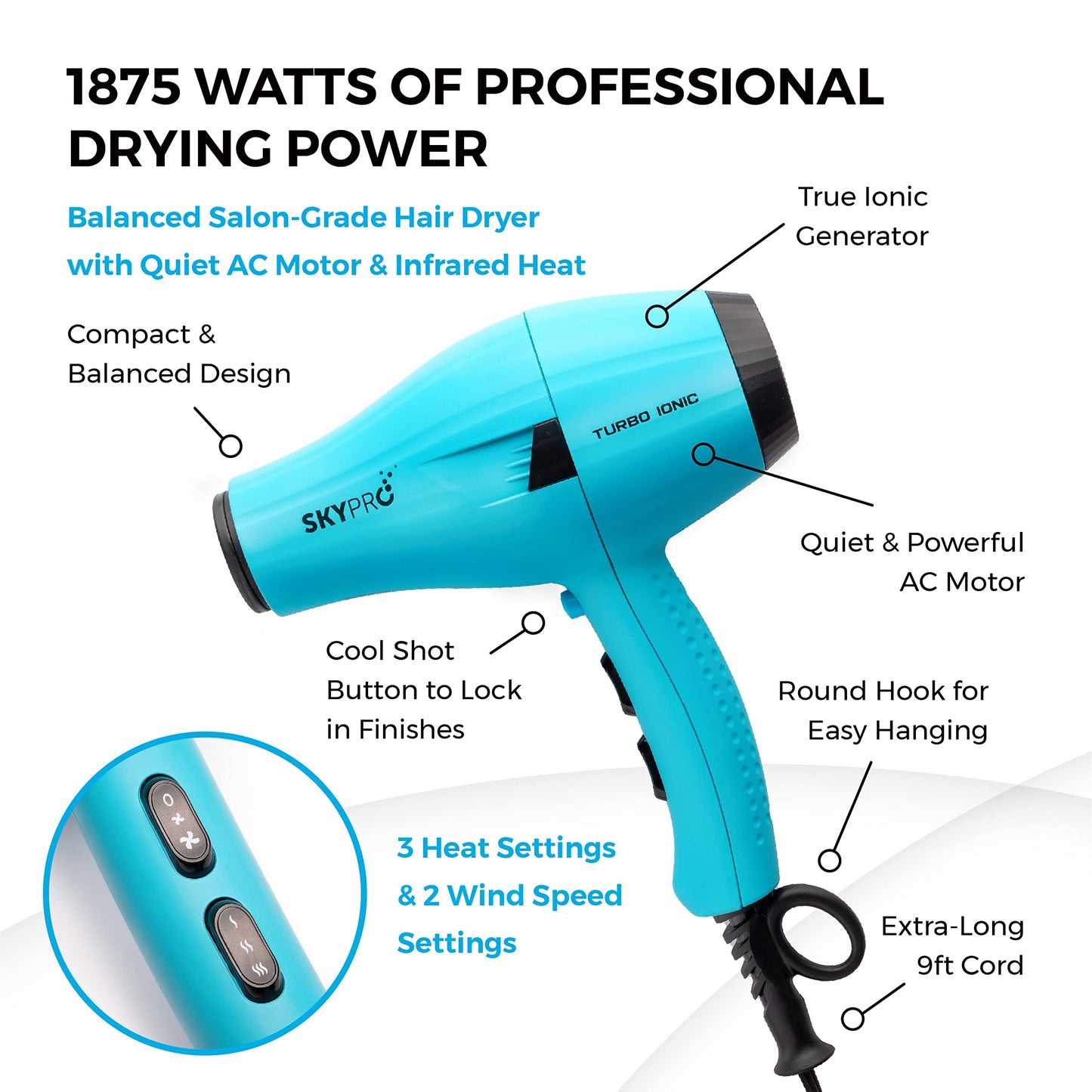 Professional Series Salon Hair Dryer with Diffuser by SKYPRO | Ionic Blow Dryer for Women |Small, Quiet, Lightweight, Compact | 1875 Watts Fast Salon-Grade Drying Power with Anti-Frizz Ionic Generator