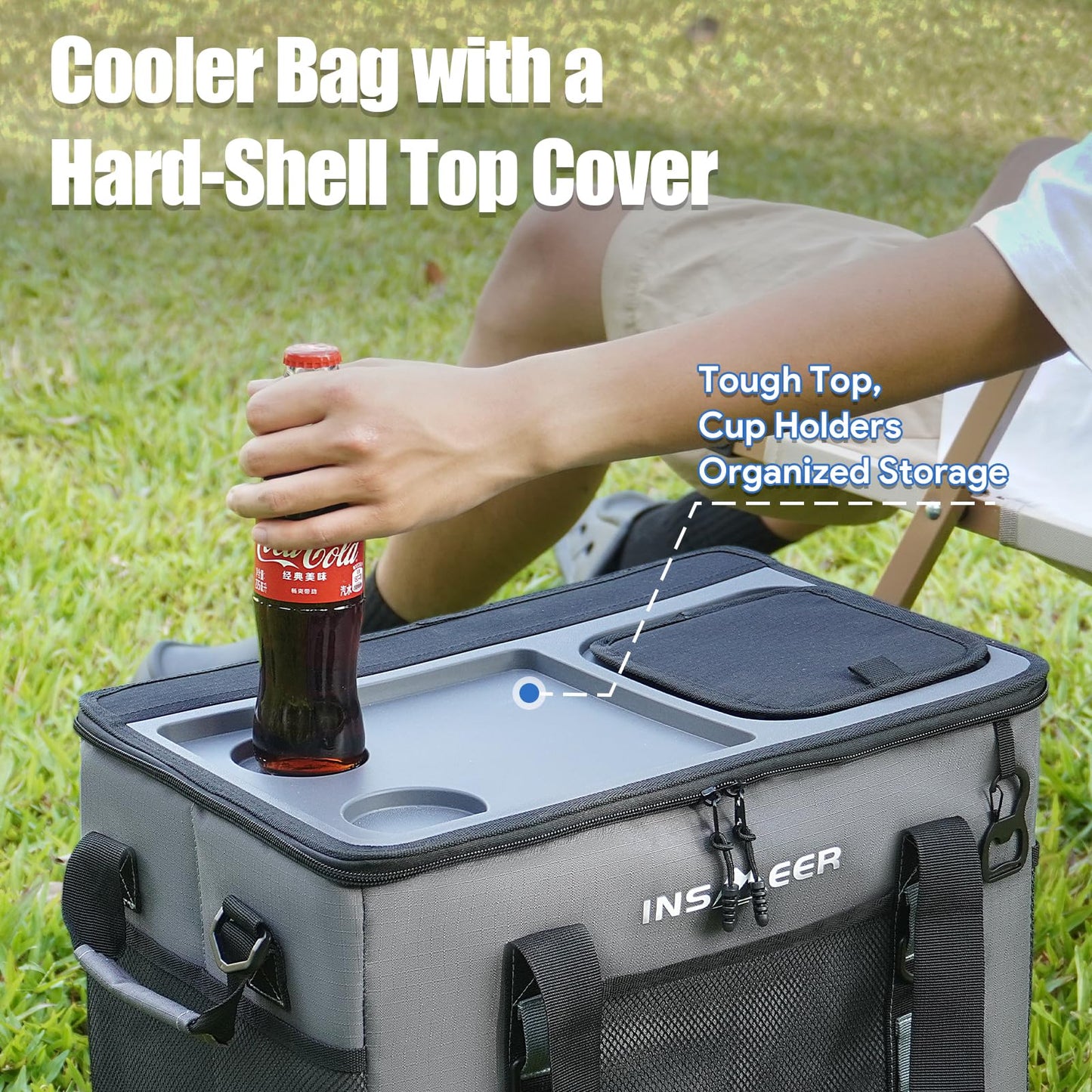 INSMEER Hard Top Soft Cooler with 2 Cup Holders, Large Foldable Cooler Bag - 40L/70 Cans, 100% Leakproof/Insulated/Portable Glaciere with Shoulder Strap for Travel, Beach, Camping, BBQ, Events
