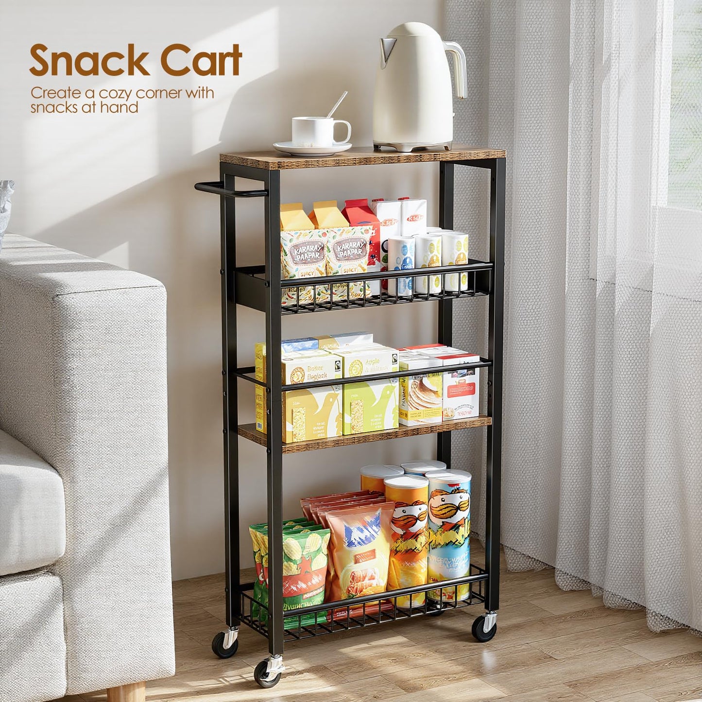 Kssiaz Slim Storage Rolling Cart, 4 Tier Narrow Cart with Wheels, Metal Kitchen Rolling Cart for Small Spaces, Slide Out Storage Shelves for Kitchen, Laundry Room, Bathroom, Living Room, 7.1in(W)