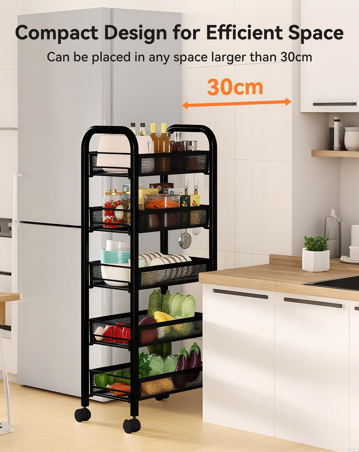 5-Tier Rolling Kitchen Trolley with Wheels - Sturdy Metal Storage Cart for Kitchen, Bathroom, Home Office, Space-Saving Organiser, Slim Mobile Rack for Fruits, Vegetables, Spices (Black, 44x27x105cm)