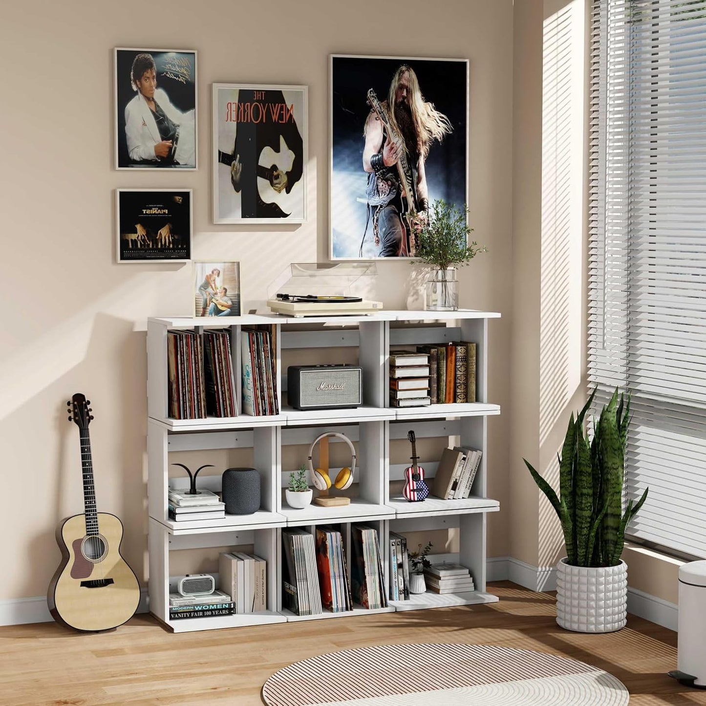 Emfogo Vinyl Record Storage, Record Player Stand Wall Mount Up to 80-100 Albums, 3-Compartment Vinyl Record Holder (White)