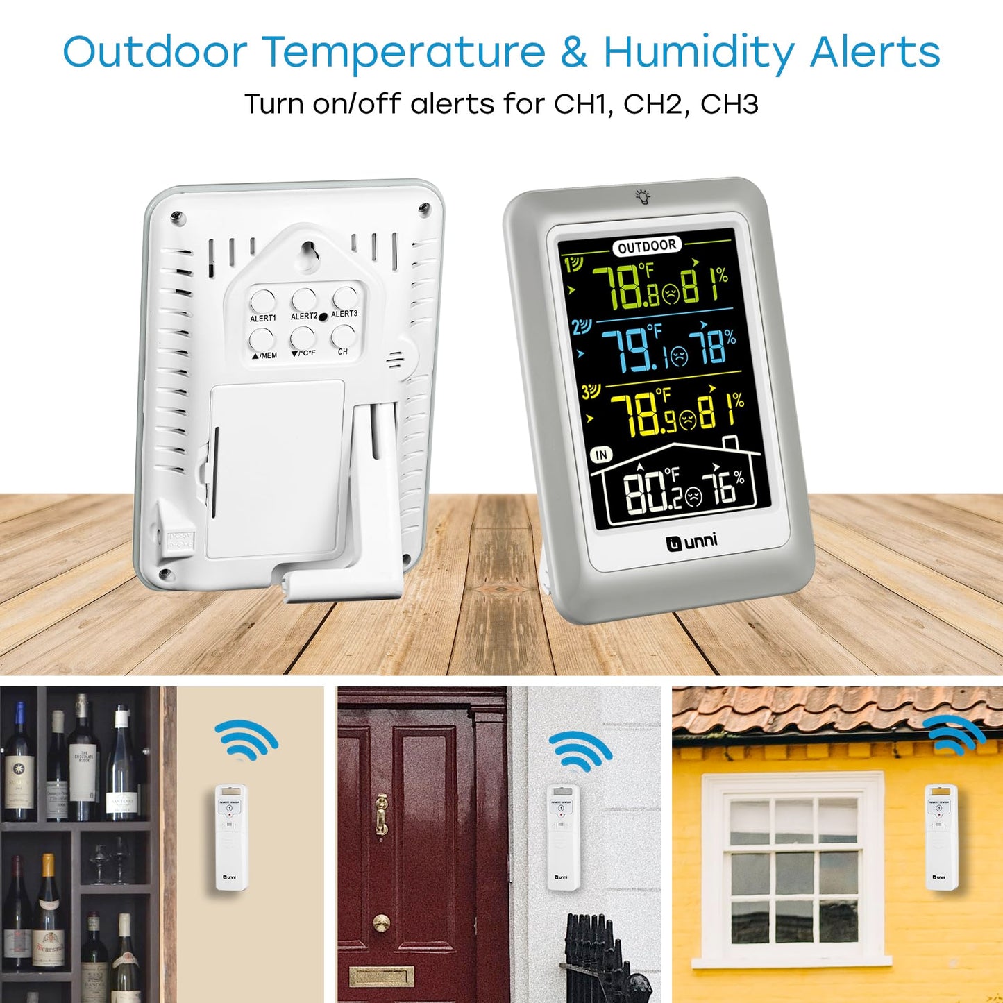 Weather Stations Indoor Outdoor Thermometer Wireless, 4.5 Inch Display Digital Hygrometer Thermometer Temperature Humidity Monitor with 330ft Range Sensor and Adjustable Backlight (Multi)