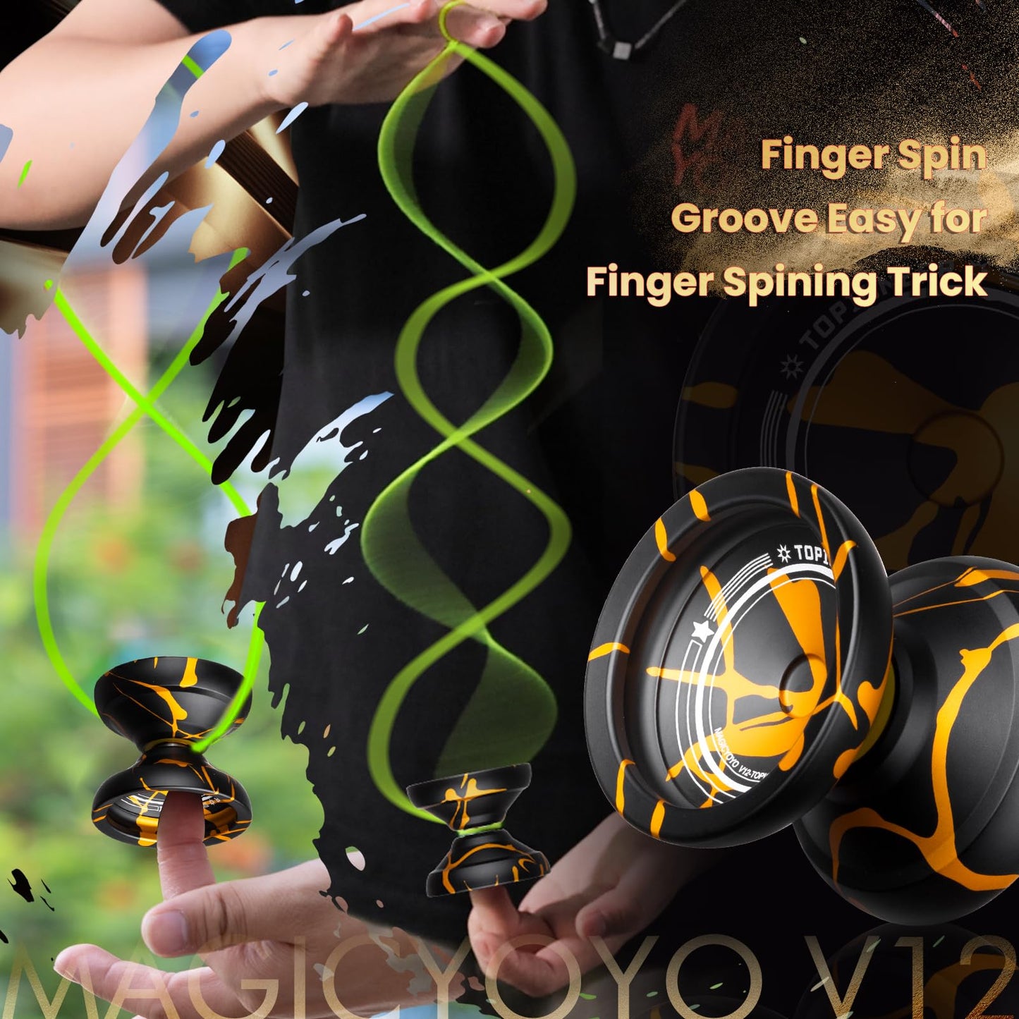 MAGICYOYO V12 Responsive Yoyo for Kids & Beginner, Unresponsive Yo yo for Adults, Professional Yo-yo for Finger Spin Trick with 12 Strings & Yo-Yos Accessory Kit (Black Gold Splash