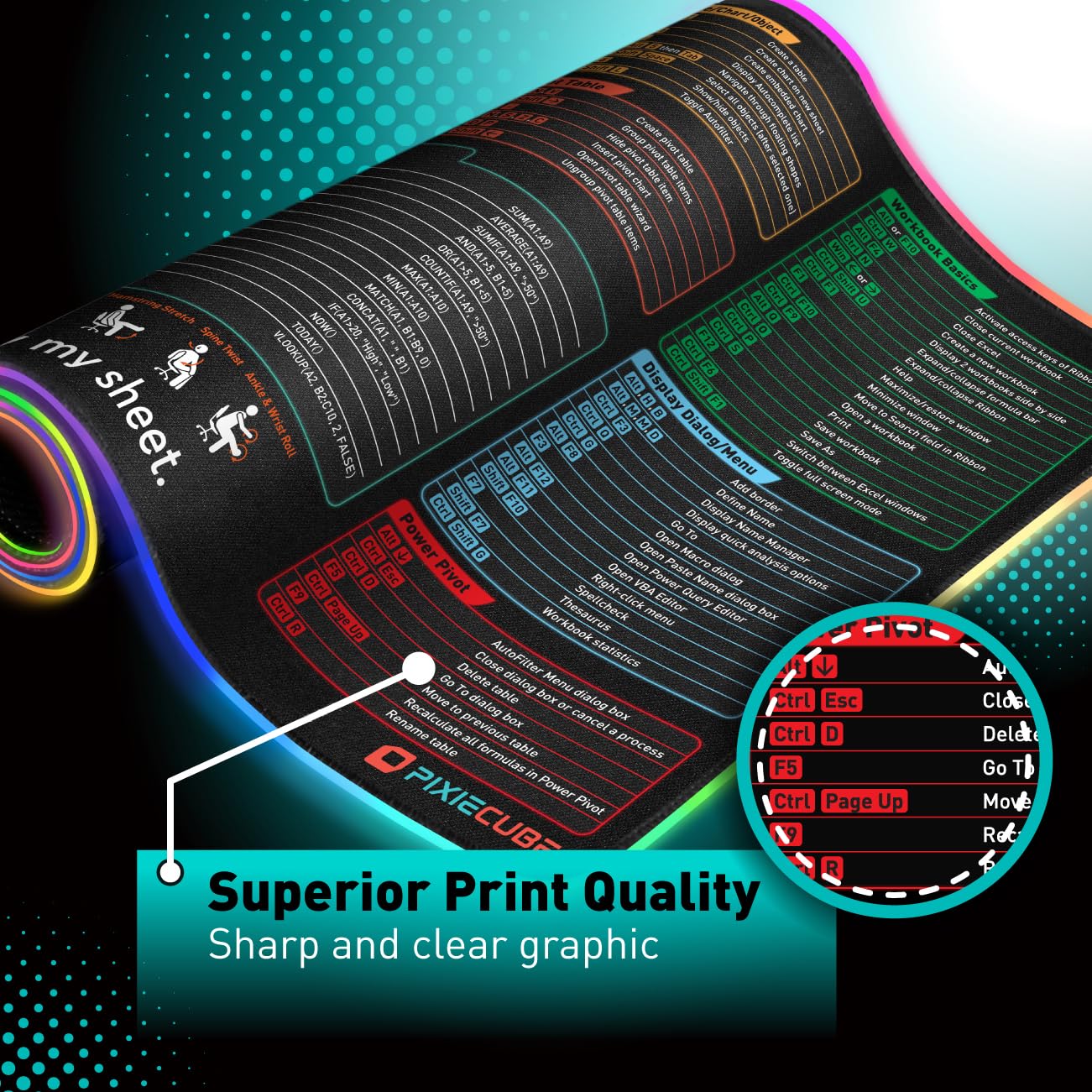 Excel Cheat Sheet LED Desk Pad | Excel Shortcut Keys Mouse Pad - Colorful RGB Luminous Extended Large Gaming Mousepad| PC Office Spreadsheet Keyboard Mat| Non-Slip Stitched Edge Desk Mat